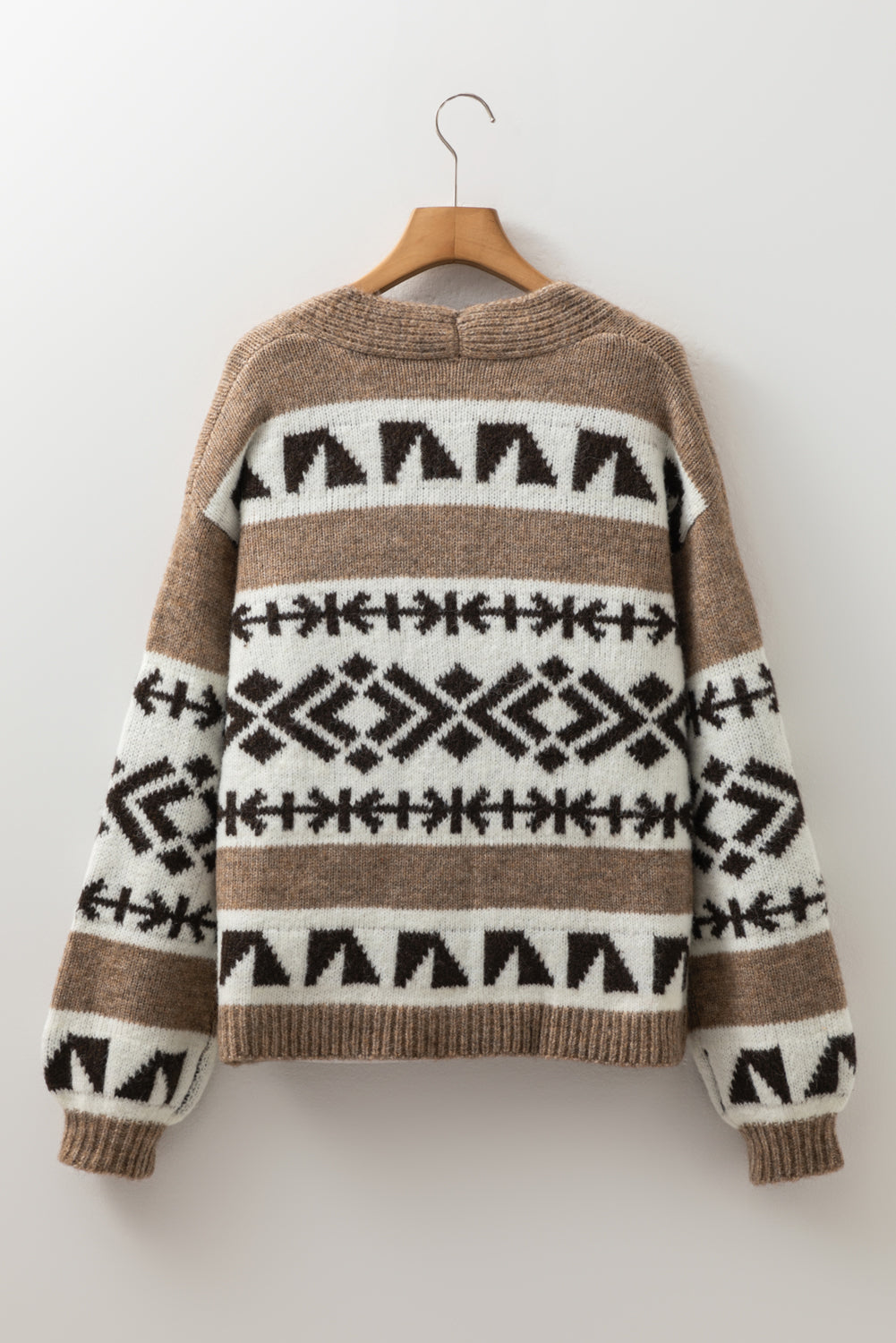 Ethnic Button Geometric Pattern Front V-Neck Cardigan Knit Top
