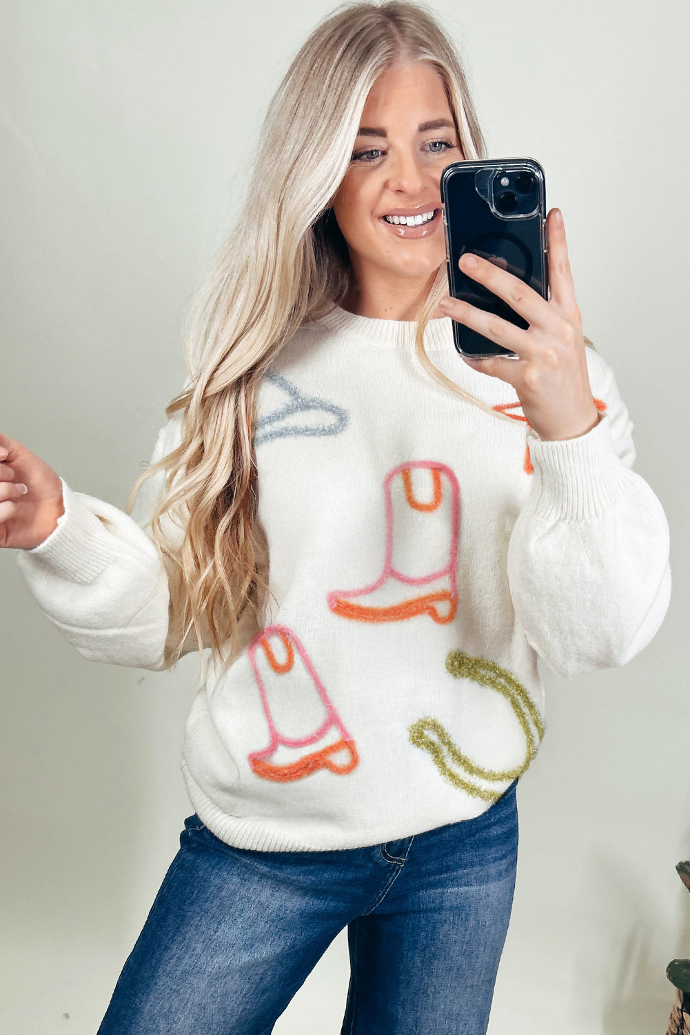 Boots Tinsel Western Horseshoe Star Knit Crew-Neck Knit Top