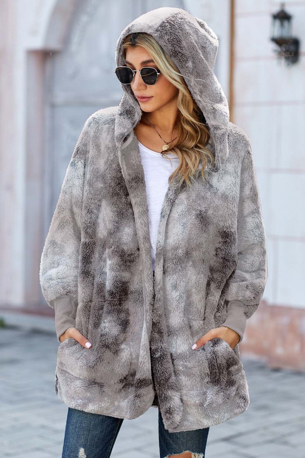 Women's Coat with Women's Gray Tie Dye Soft Fleece Hooded Open Front