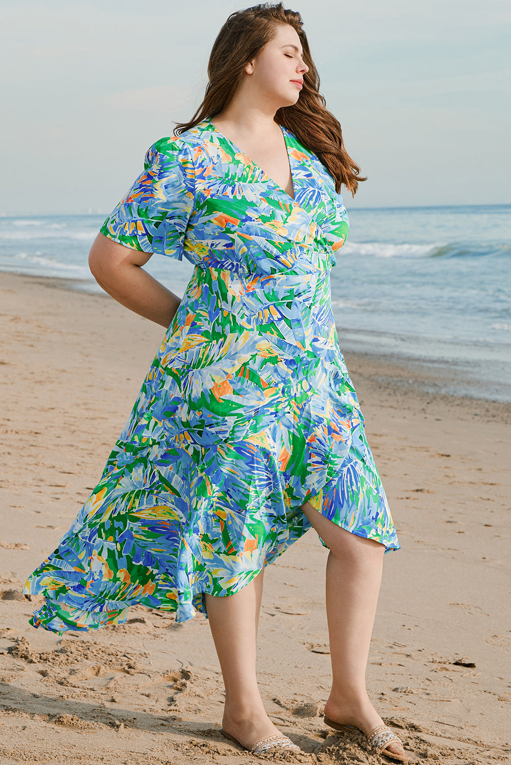 Leaves Print Ruffled Trim Plus Size Maxi Dress