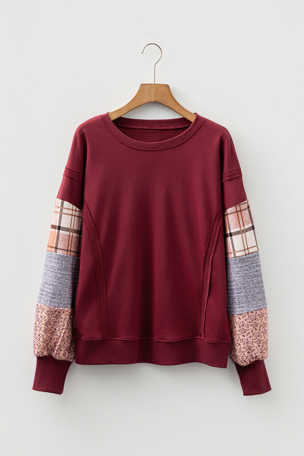 Colorblock Patchwork Plaid Patchwork Sleeve Raw Seam Sweatshirt