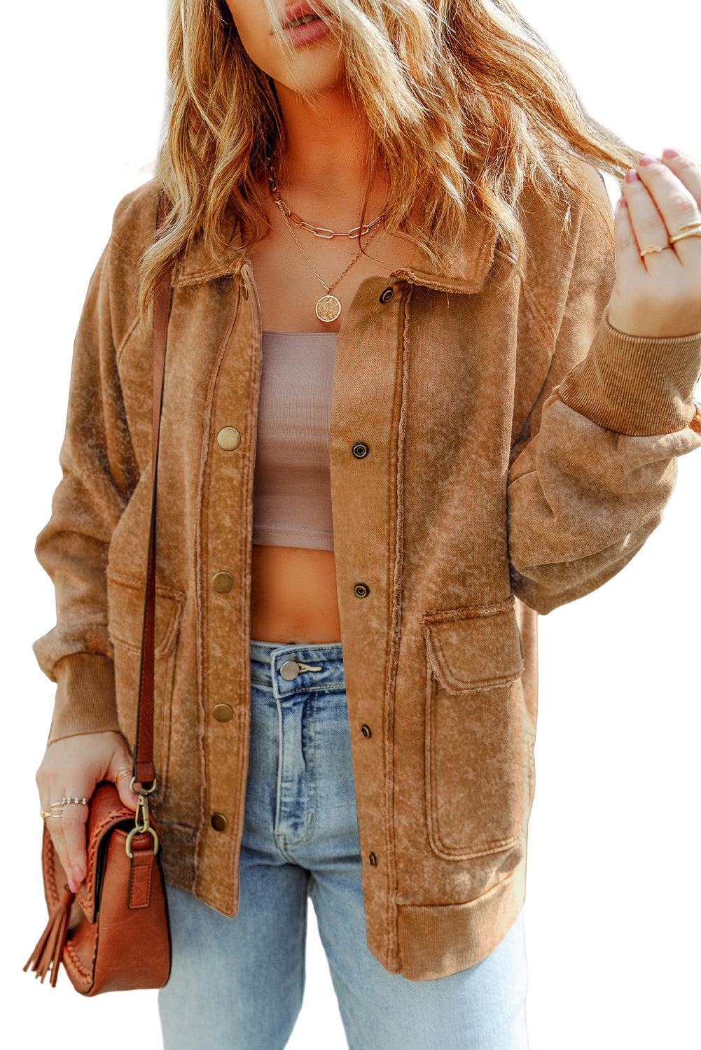 Shacket for Women Flap Pocket Button Khaki Vintage Washed