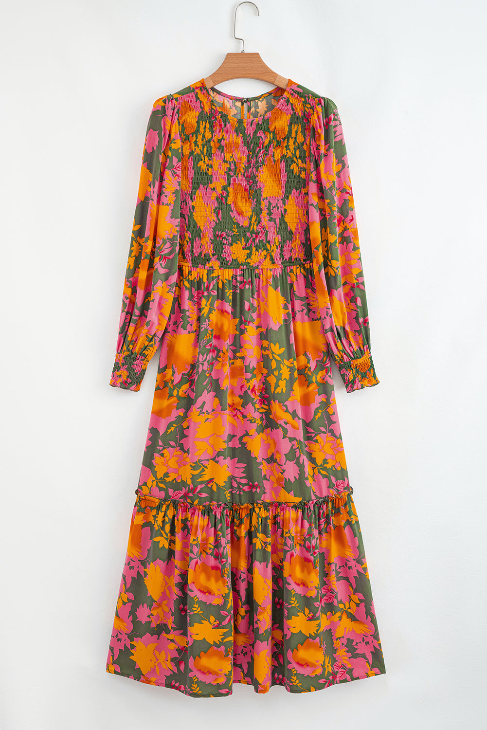 Sleeve Floral Puff Smocked Bodice Ruffled Long Dress
