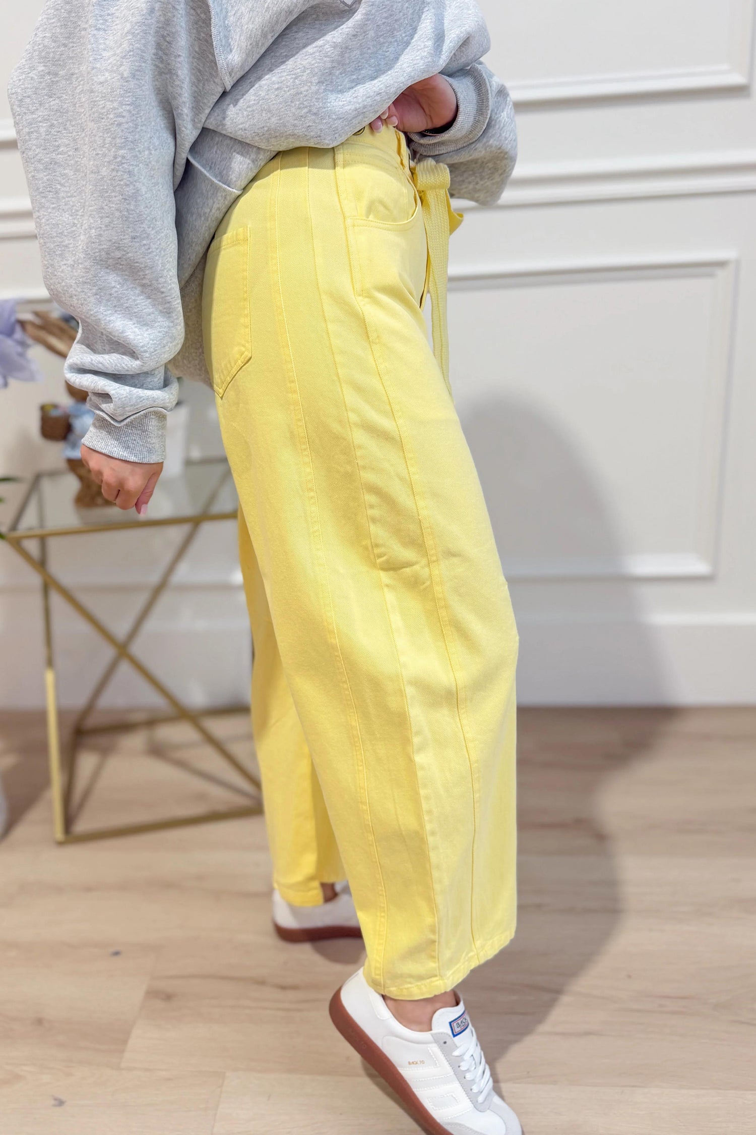 Solid Knot Grommet Detail Waist Barrel Jeans in Yellow