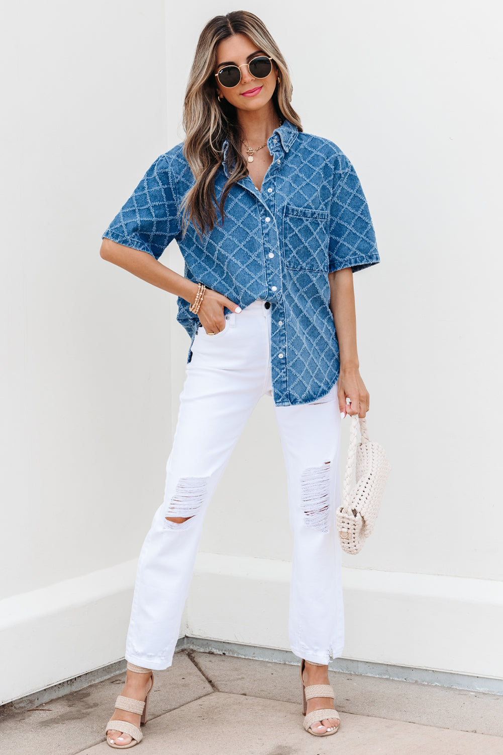 Short-Sleeved Checkered Textured Patched Pocket Denim Shirt