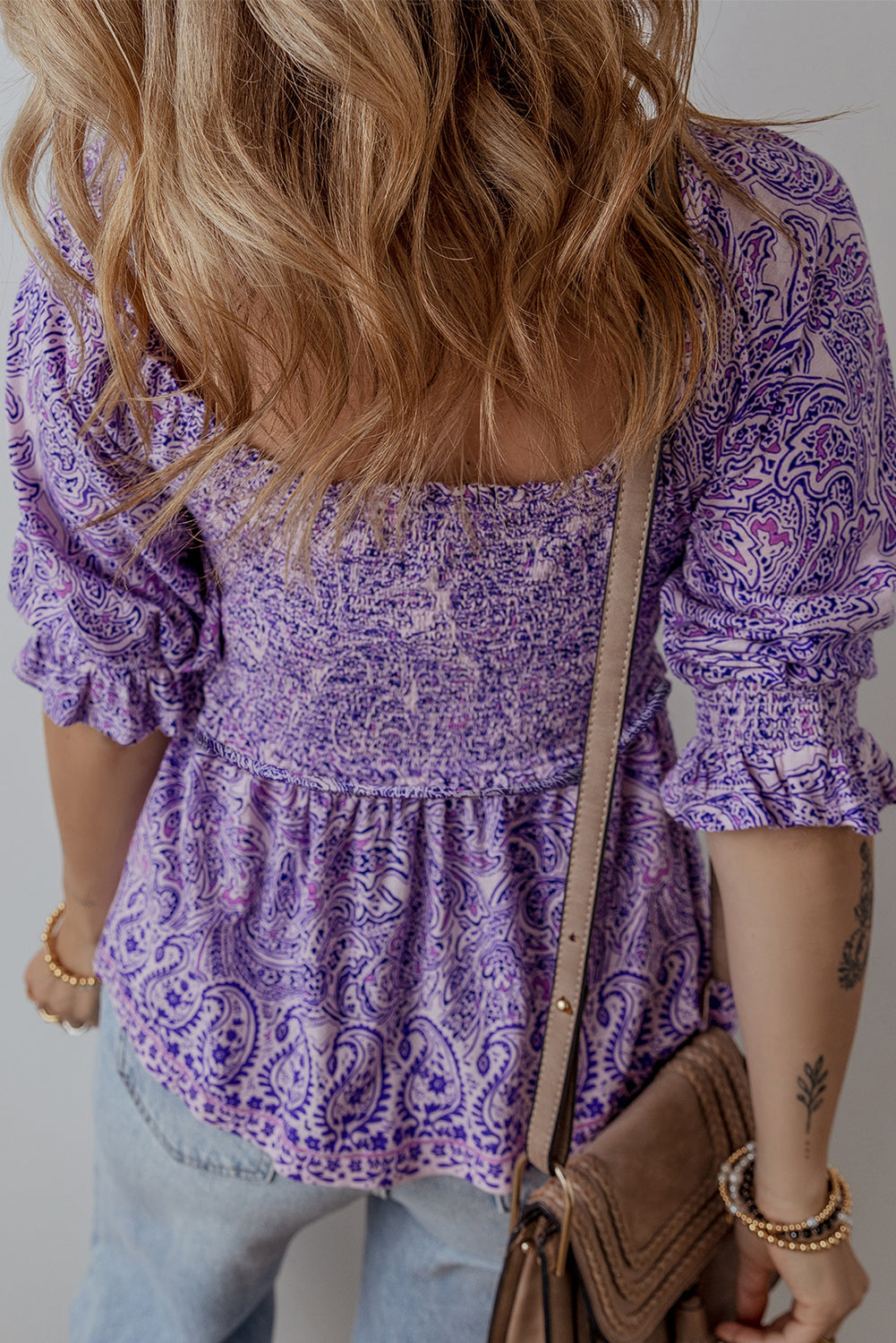 Purple Boho Paisley Print Shirred Peplum Blouse