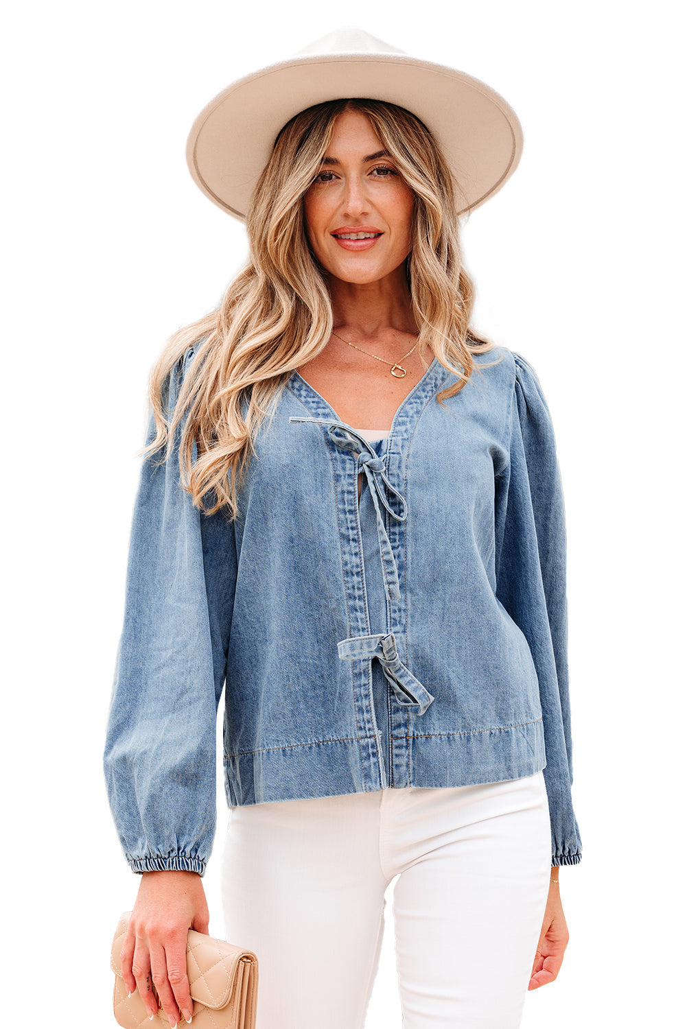 Tied Puff Front Long Sleeve Denim Top