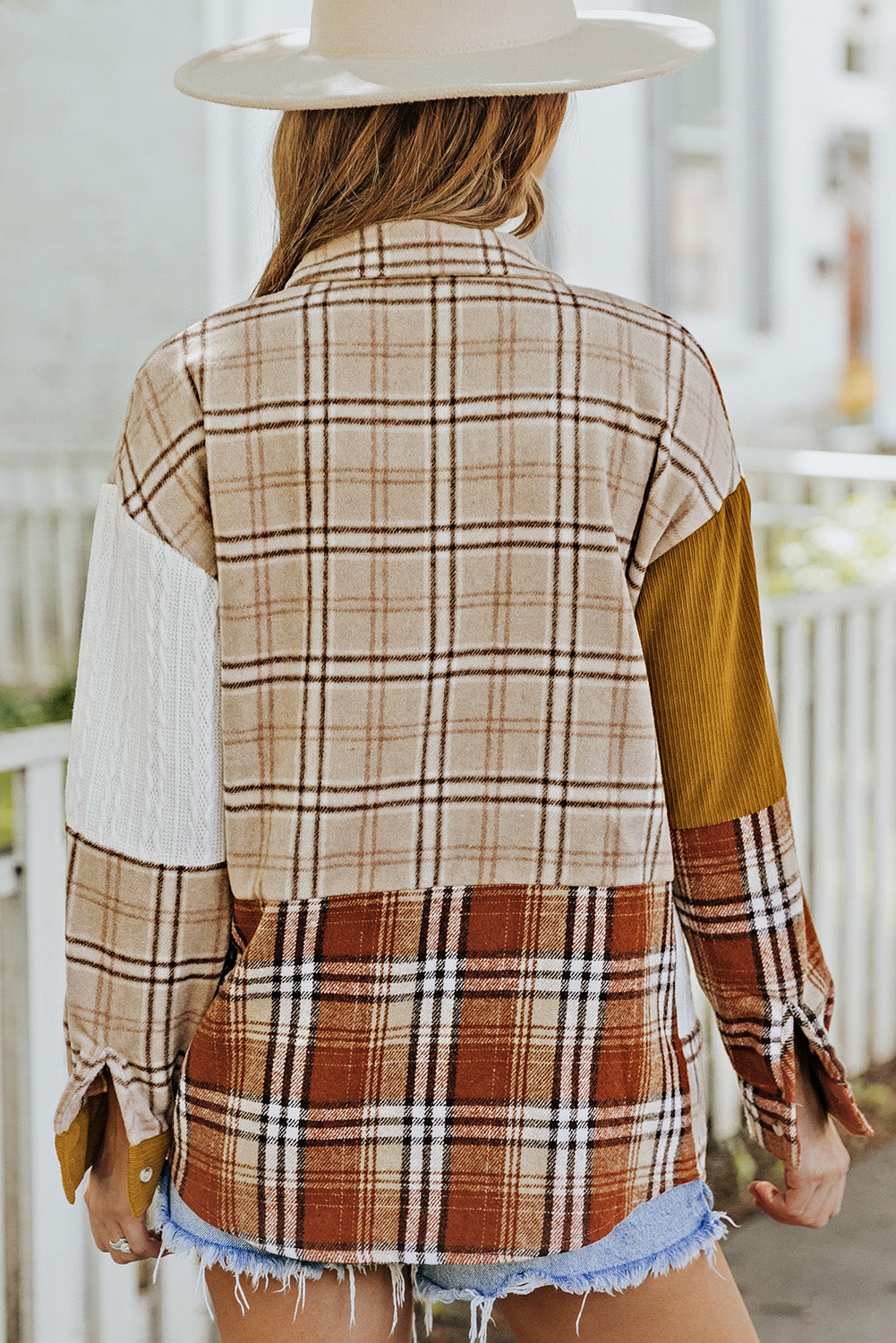 Veste chemise patchwork orange à carreaux color block avec poche