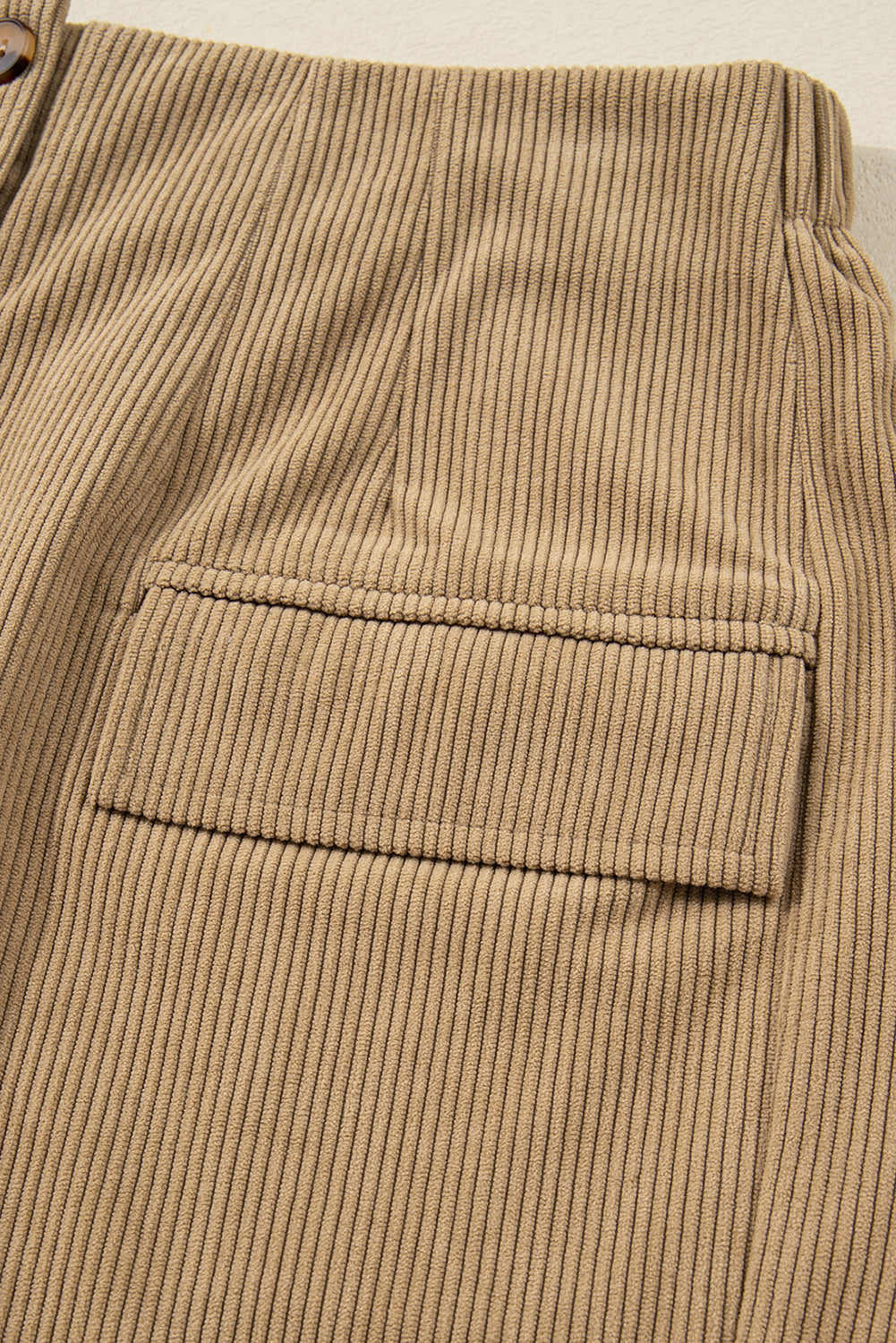 Button-Front Camel Corduroy Faux Pockets Mini Skirt