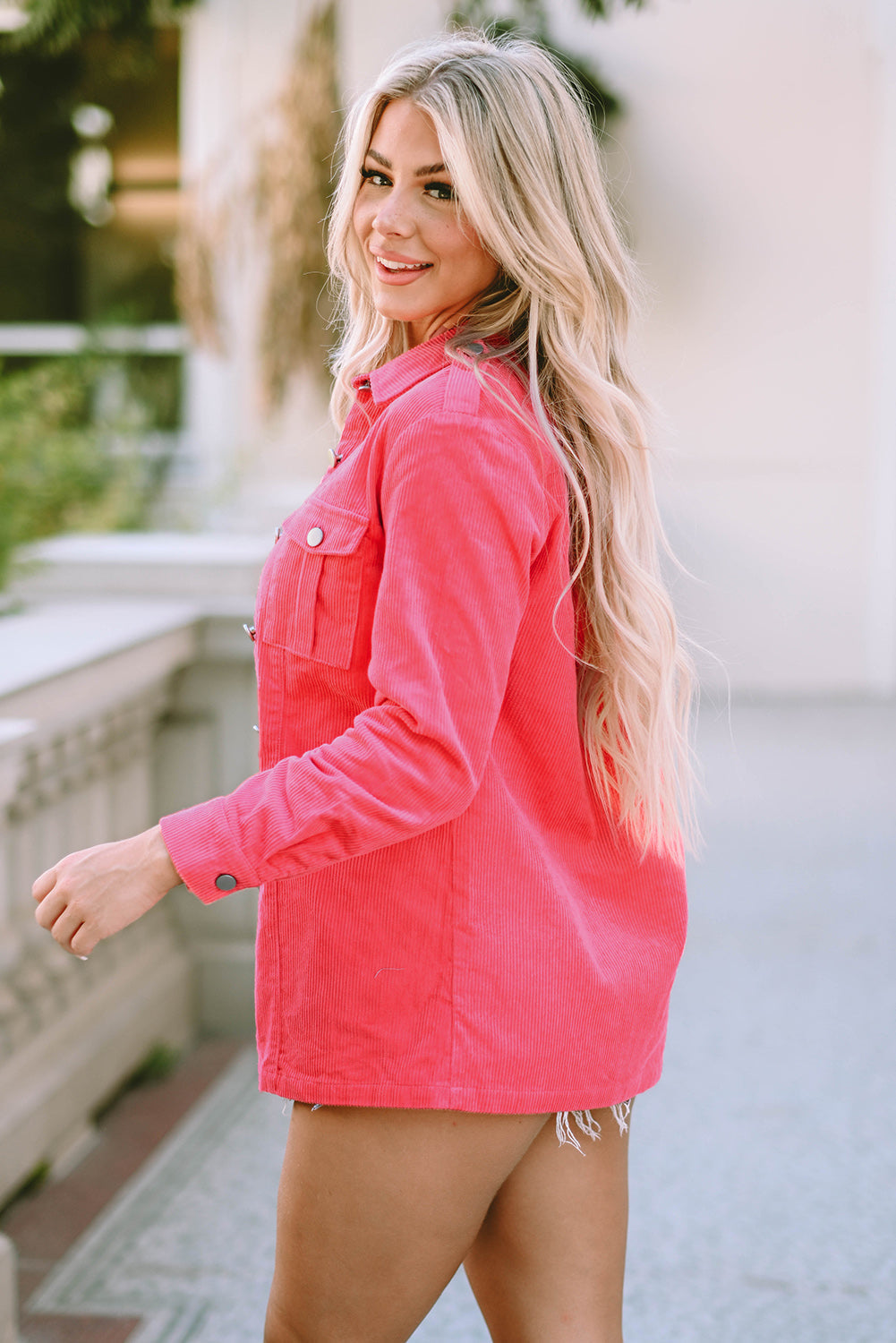 Women's Jacket with Flap Pocket Pink Cord Button-Front