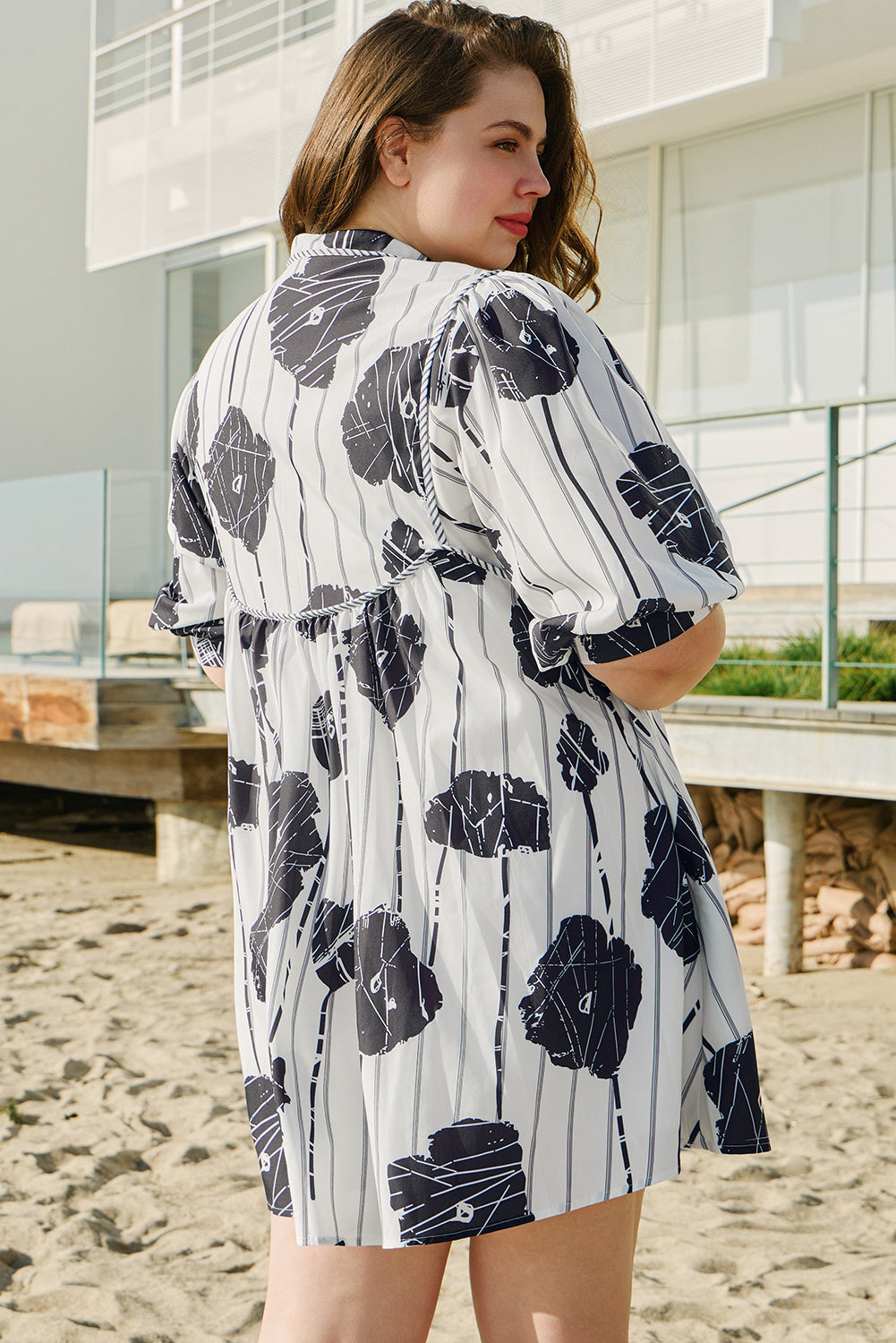 Plus Size Floral Lace-up Neck Mini Dress