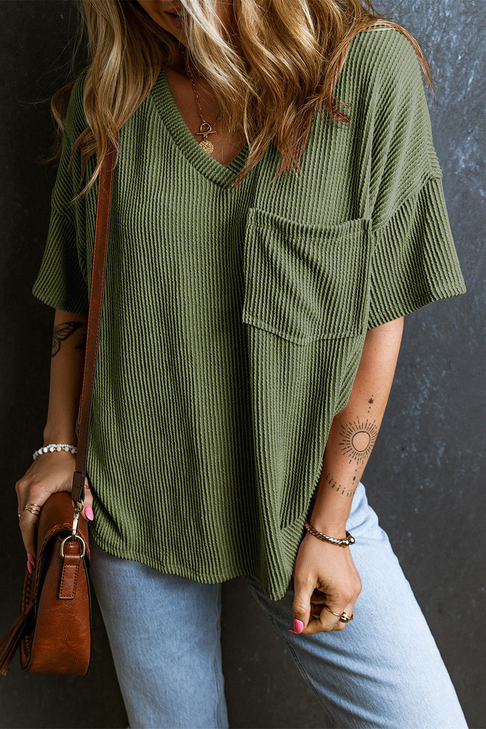 Corded Pocket V-Neck Chest Loose T-shirt