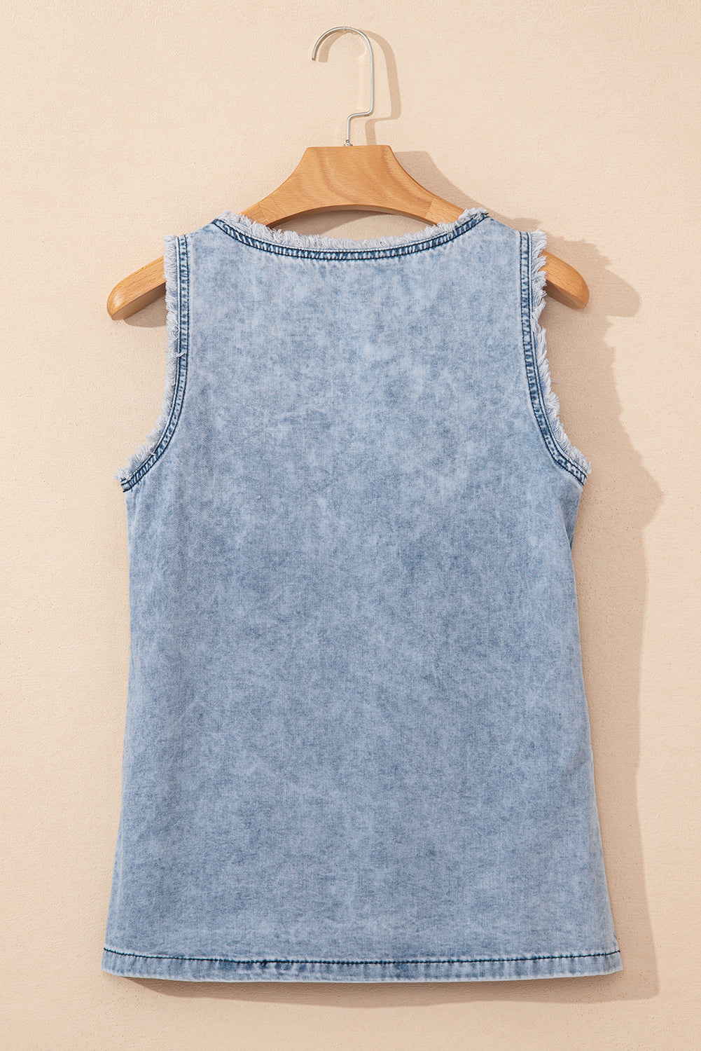 Mineral Wash Denim Frayed U Neck Sleeveless Top