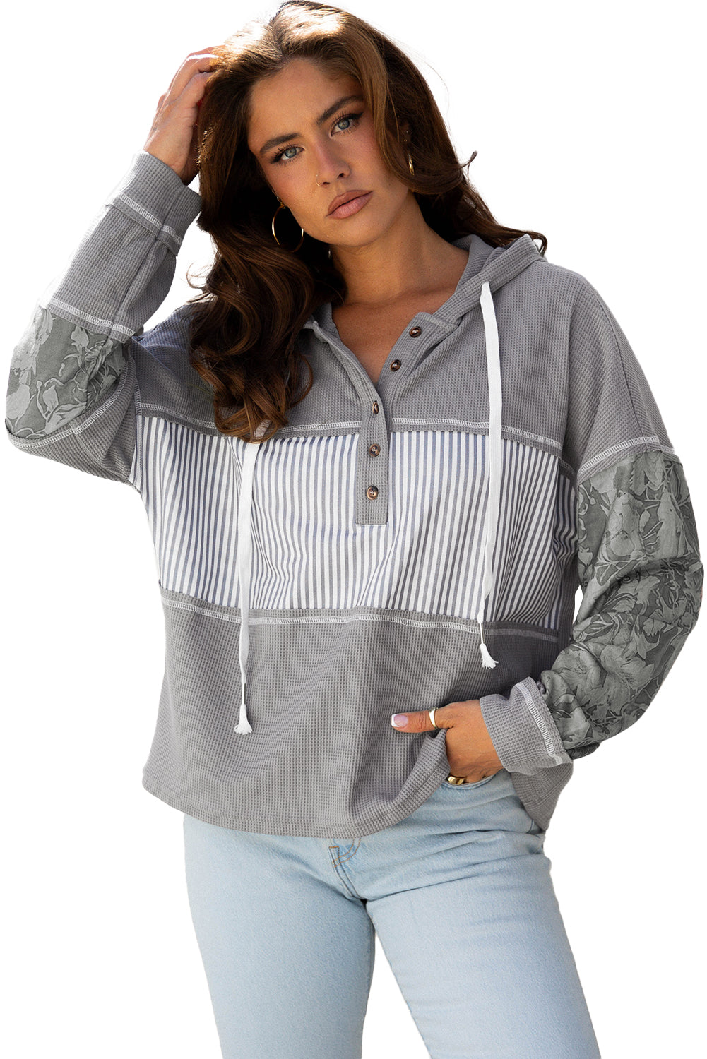 Printed Patchwork Waffle Patchwork Drawcord Hooded Long-Sleeved Top