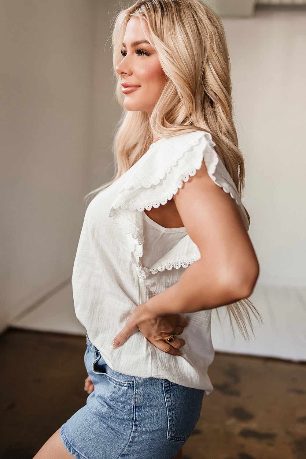 Crinkled Flutter Layered Ruffled Sleeve Blouse