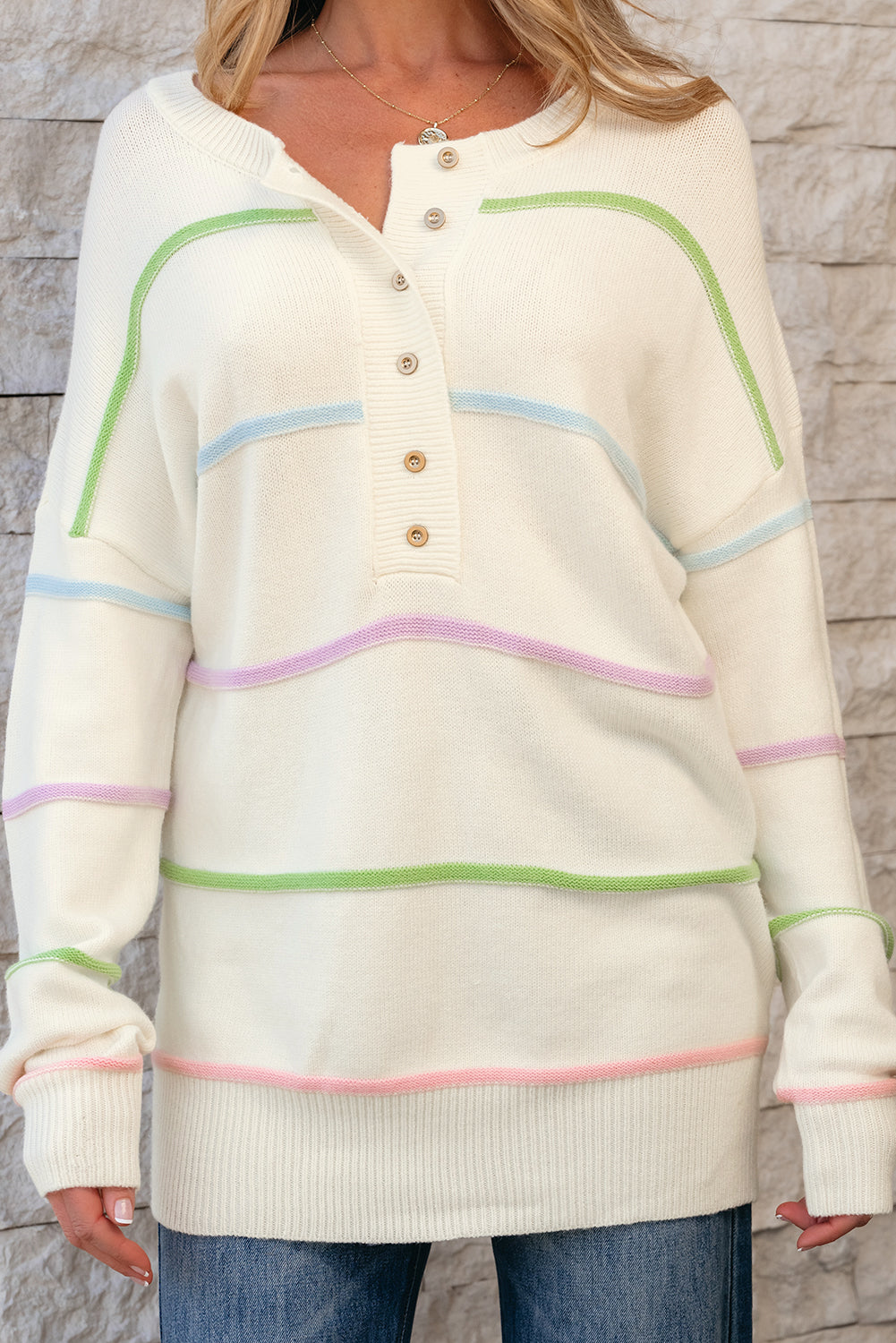 Rainbow Stripes Baggy Henley Sweater