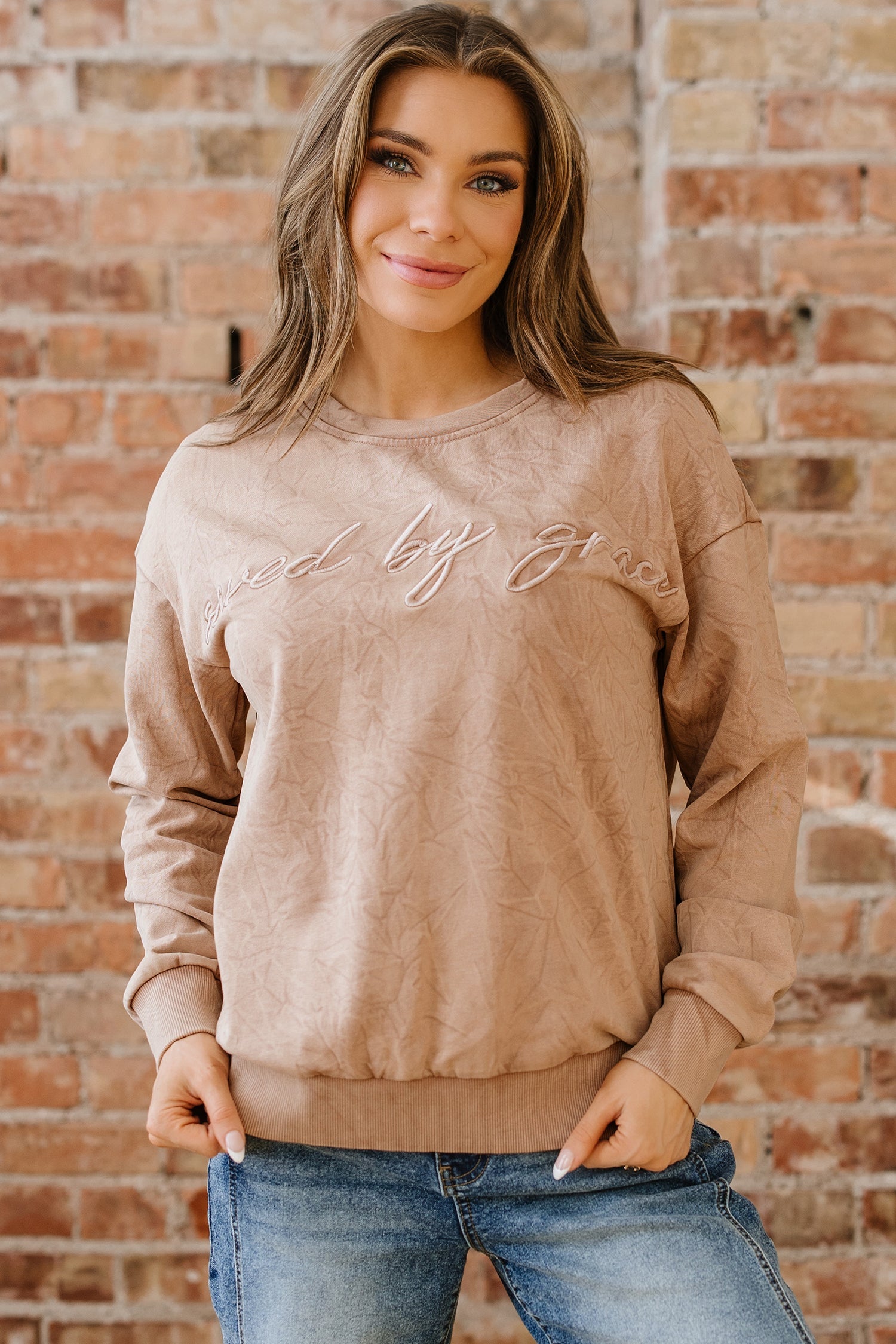 grace saved by Letter Embroidery Mineral Wash Loose Sweatshirt