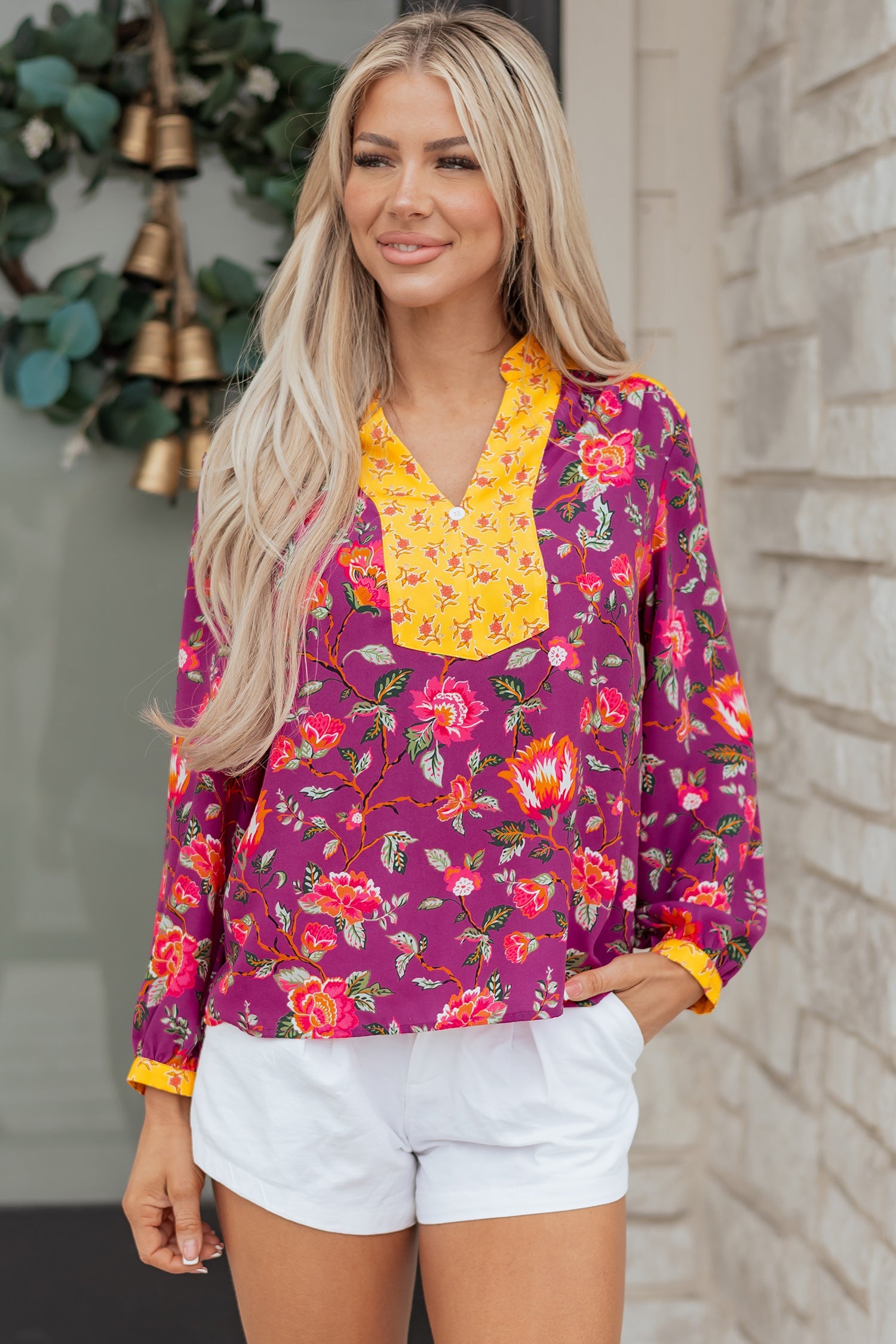 Contrast V-Neck Placket Split Floral Blouse