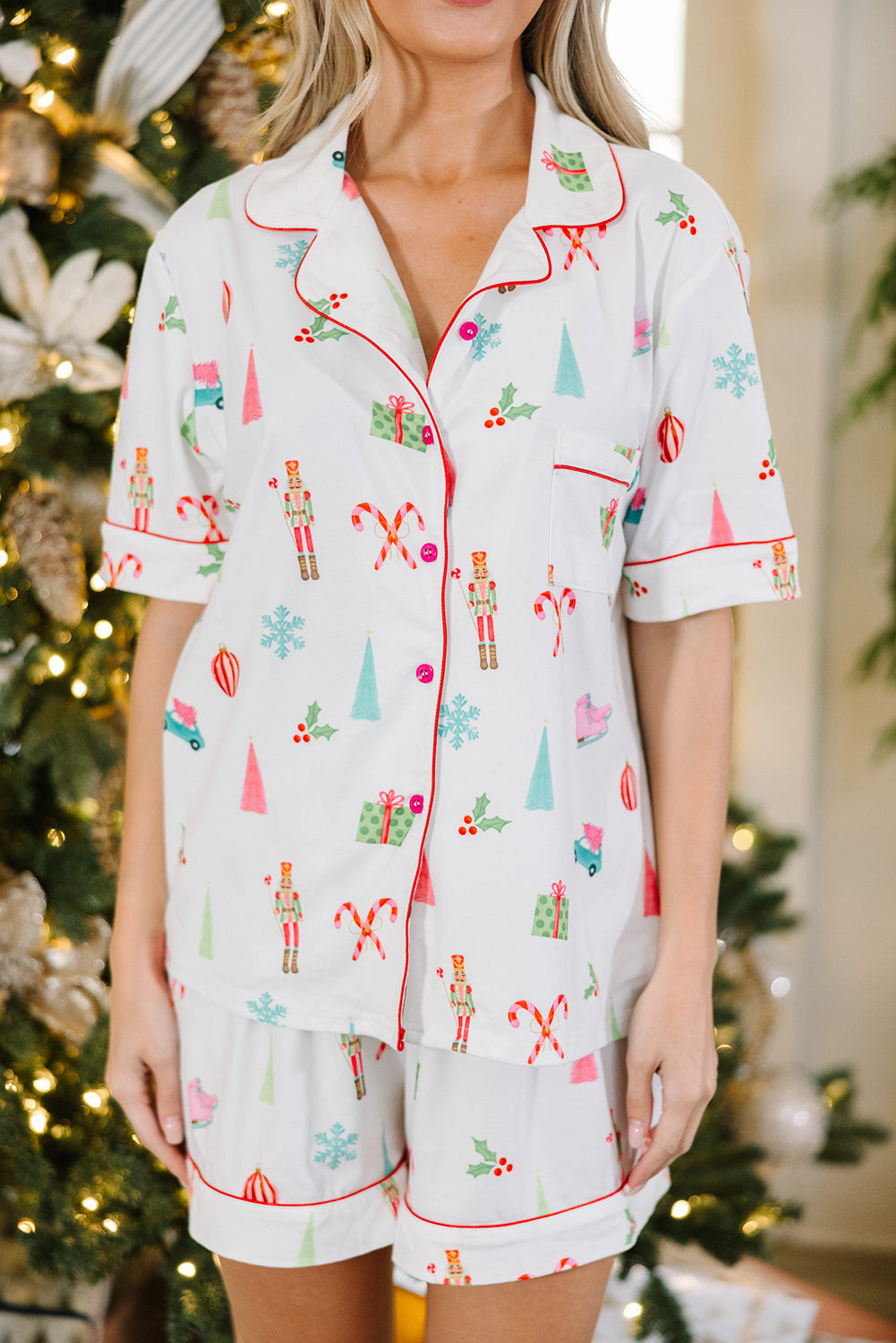 Christmas Print Short-Sleeved Shirt and Shorts Pajama Set