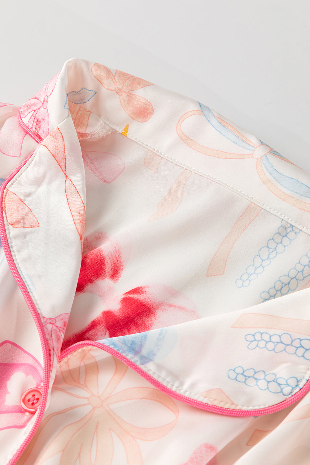 Bow Knot Print Lapel Collar Wide-Leg Satin Pajama Set