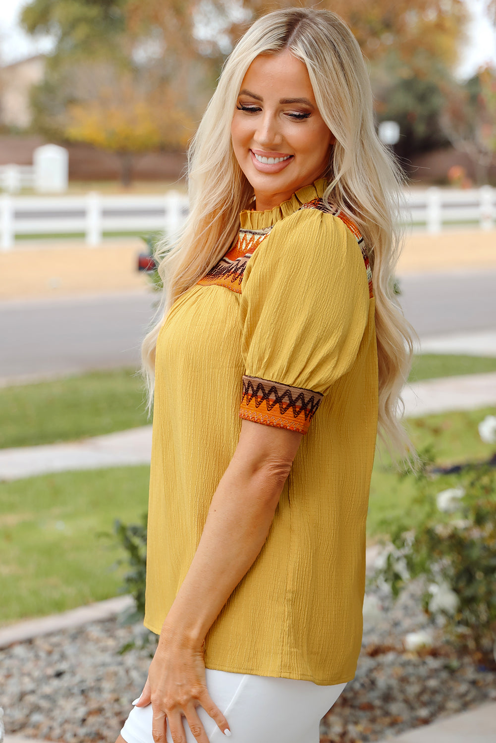 Mustard Geometric Short Sleeve Frilled Collar Blouse