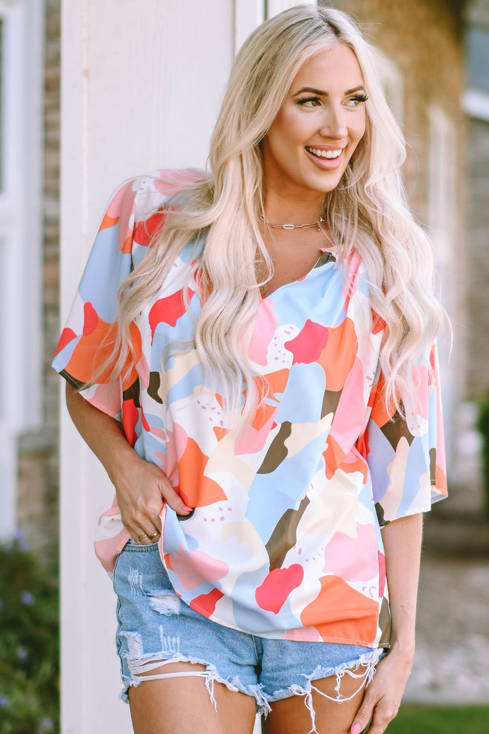 Women's Blouse Featuring V Neck Half Sleeve Floral-Print Print