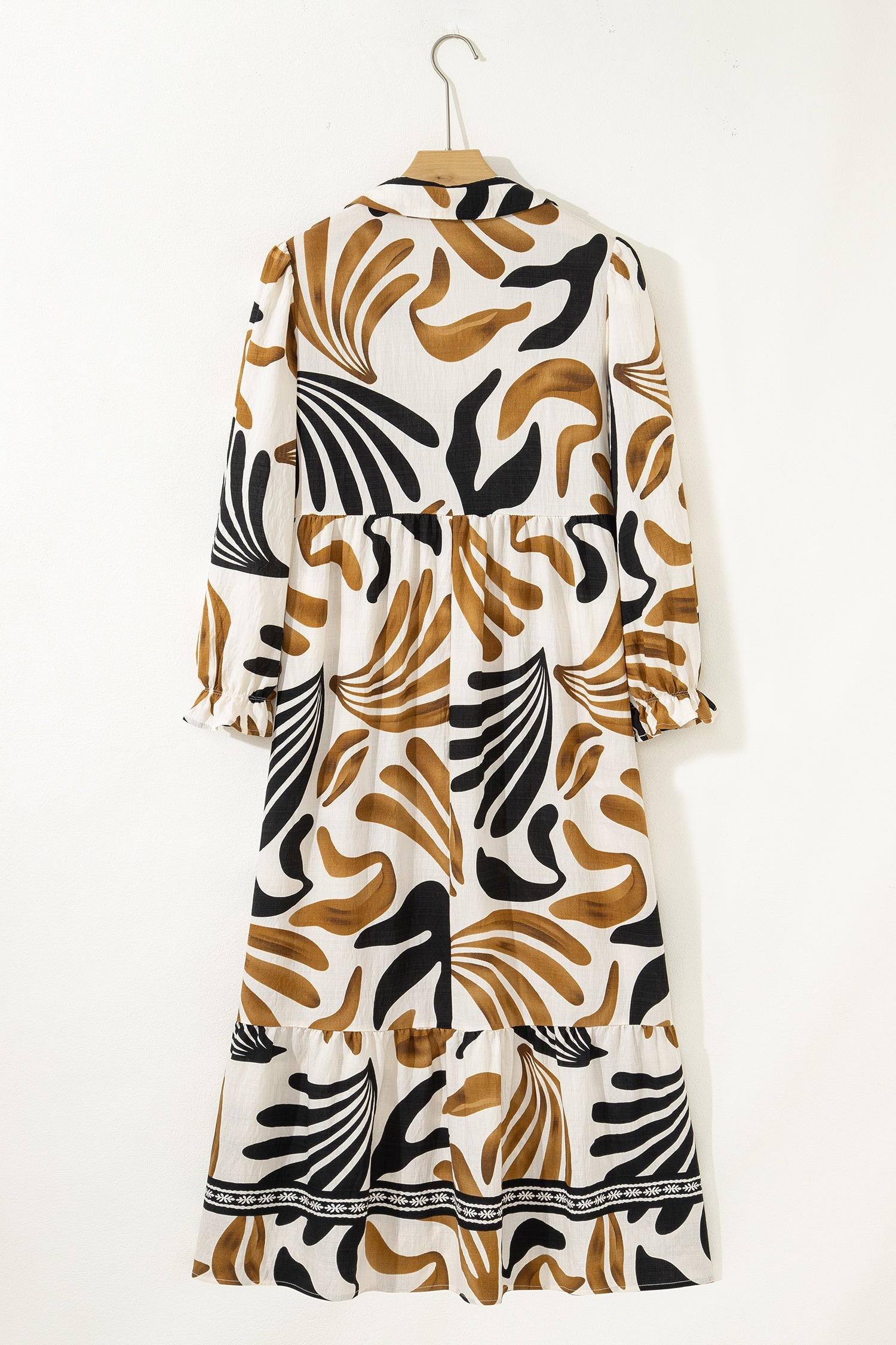 Printed Contrast Tropical Contrast Trim Neck Long-Sleeved Ruffle Hem Dress