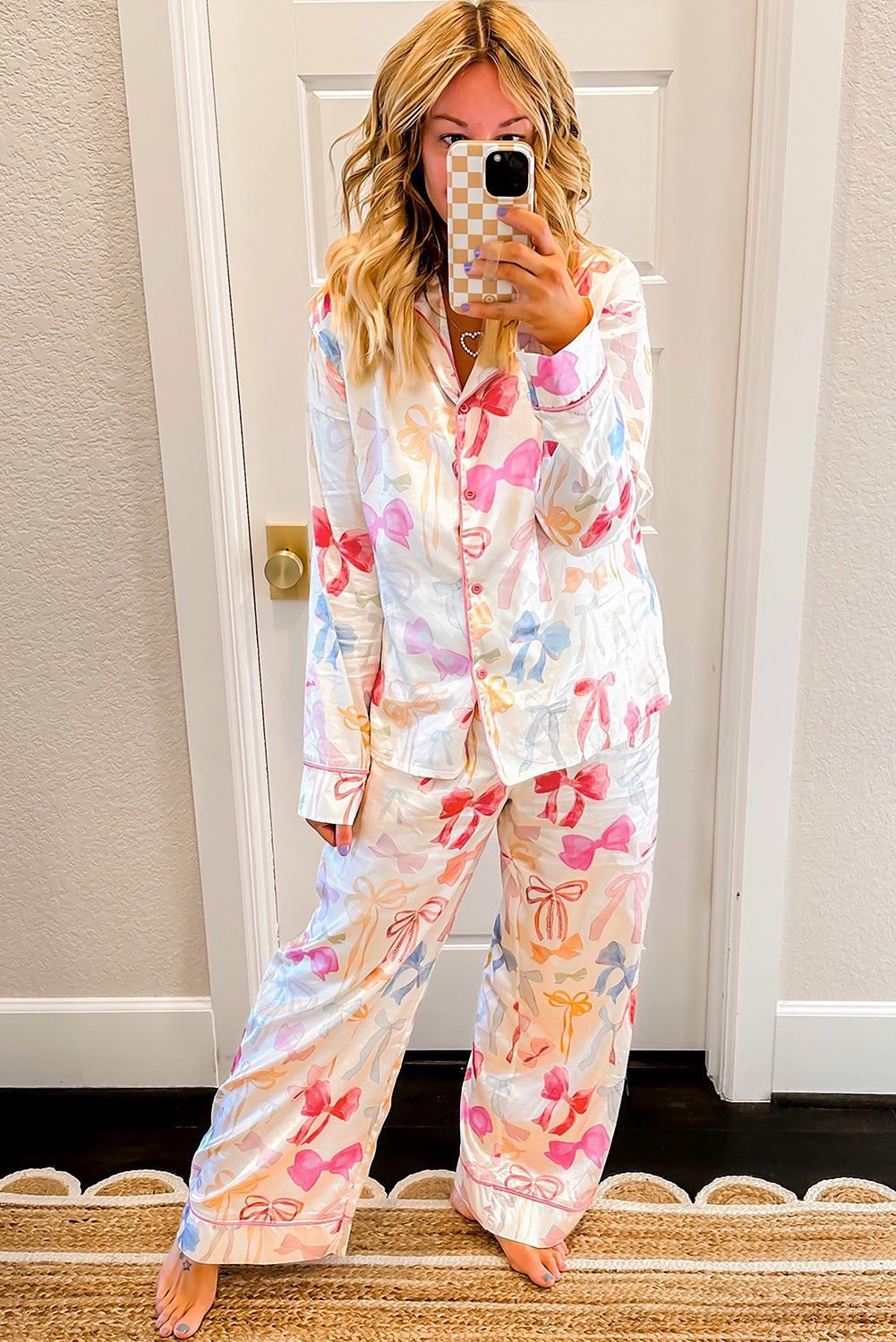 Bow Knot Print Lapel Collar Wide-Leg Satin Pajama Set