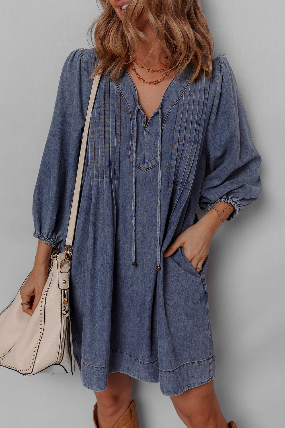 3/4 V-Neck Sleeve Tied Pleated Denim Mini Dress