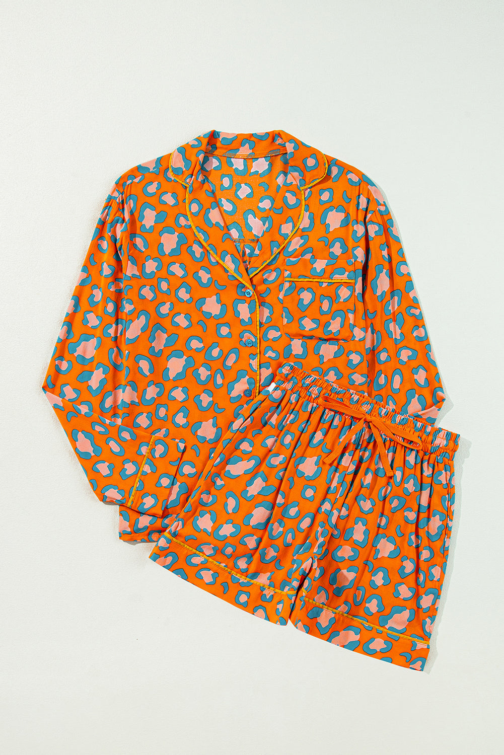 Long-Sleeved Shirt Leopard-Print Shirt and Shorts Pajama Set