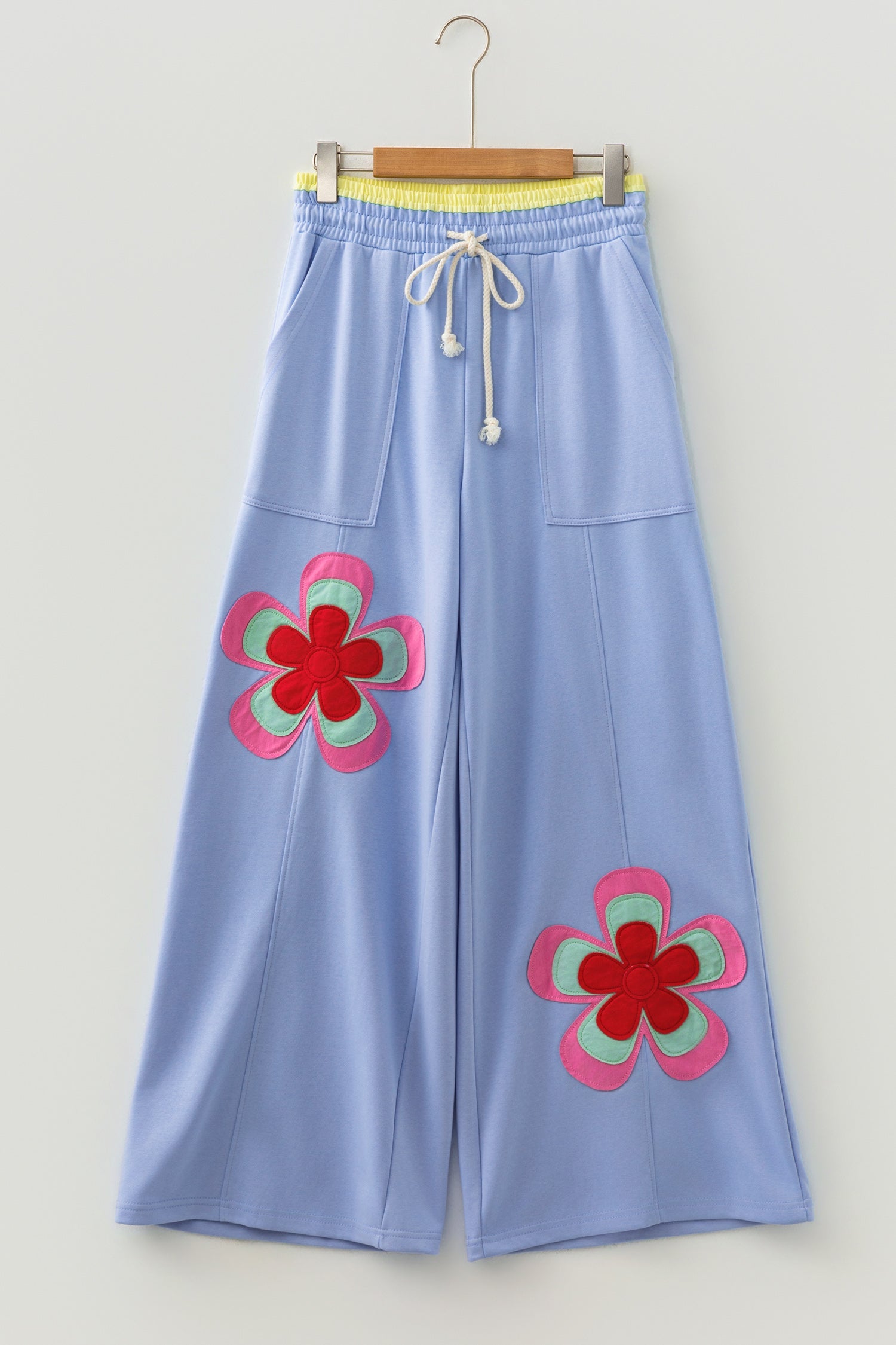 Flower Patchwork Elastic Waist Wide-Leg Pants in Sky Blue