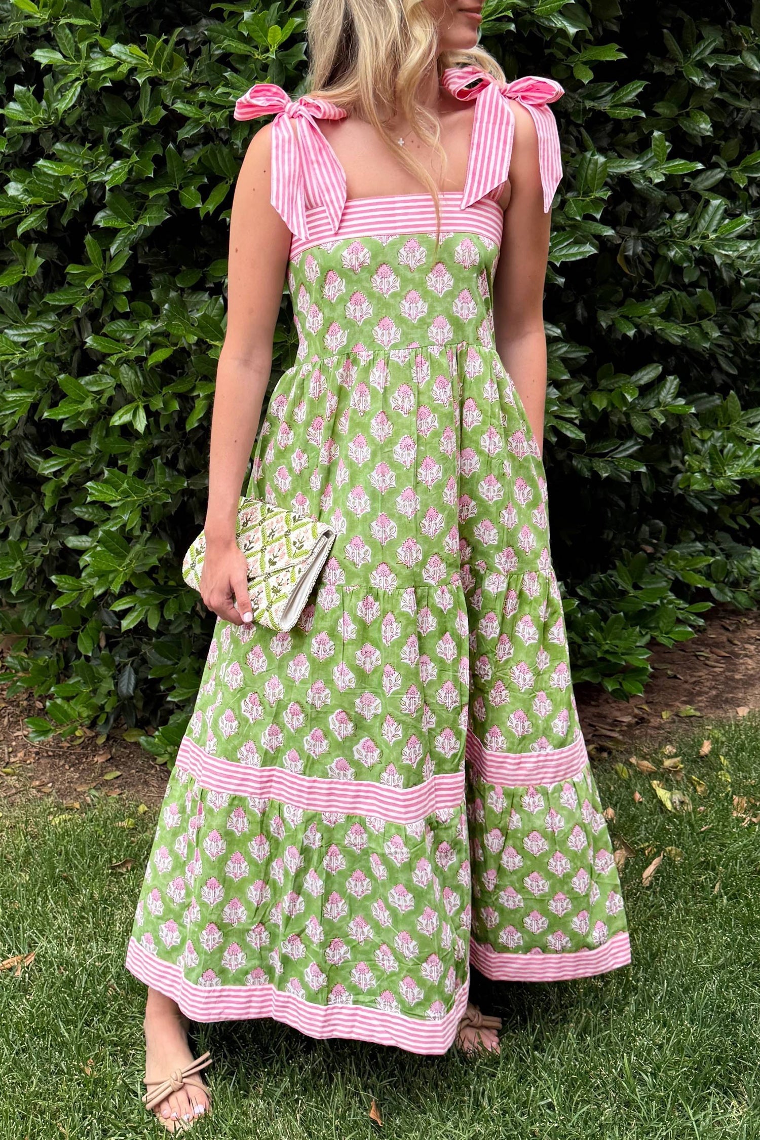 Floral-Print Knot Striped Detail Straps Maxi Dress in Green