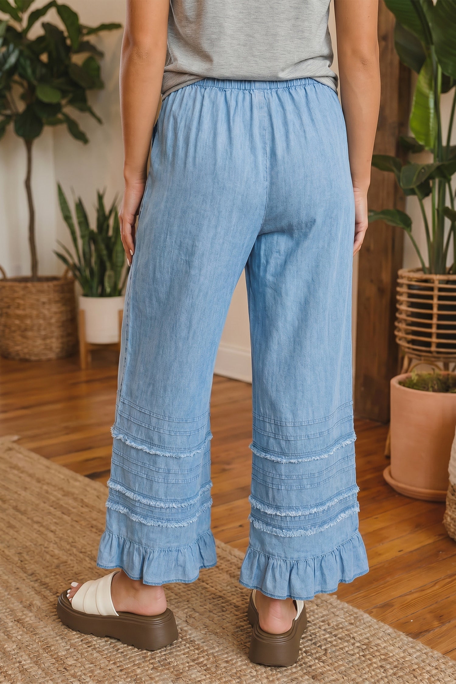 Everyday Ruffled Beau Blue Hem Wide-Leg Chambray Pants