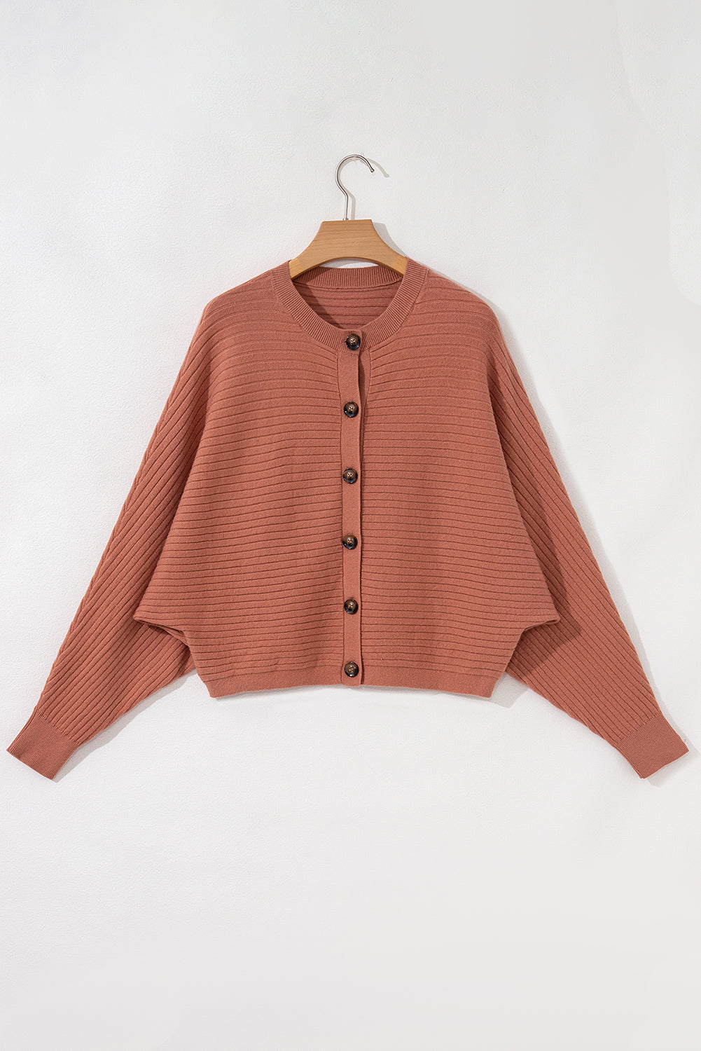 Button Wide Rib-Knit Front Dolman Sleeve Cardigan Knit Top