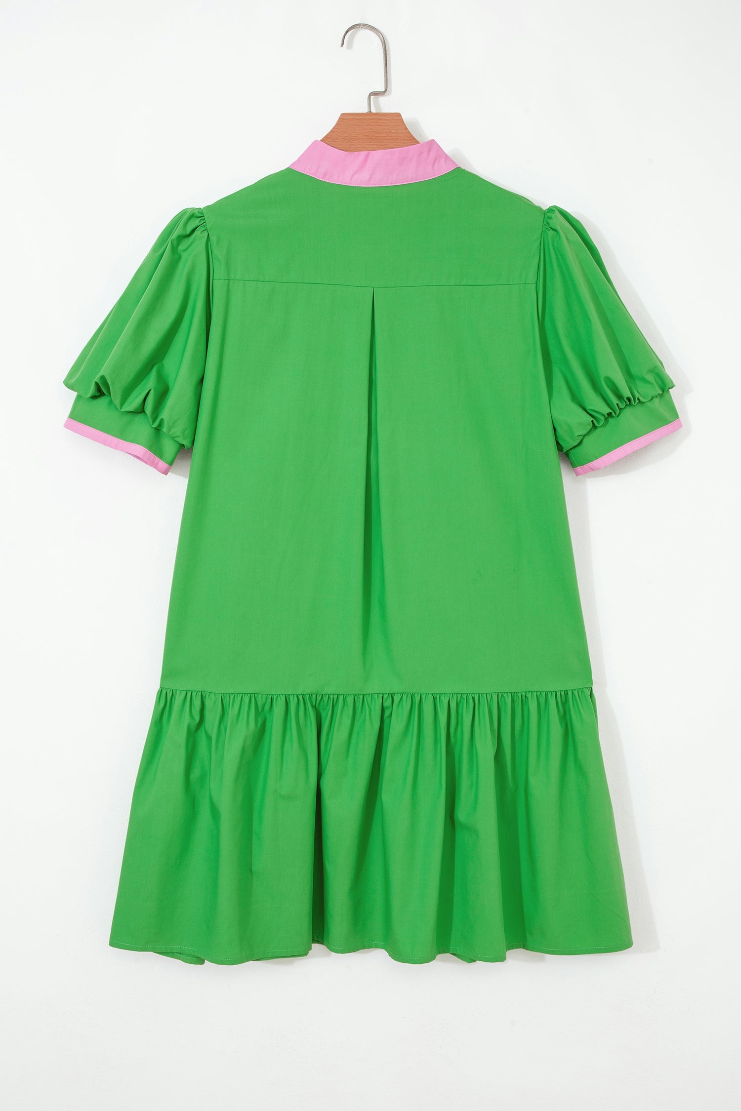 Split Neck Short Puff Sleeve Ruffle Hem Mini Dress