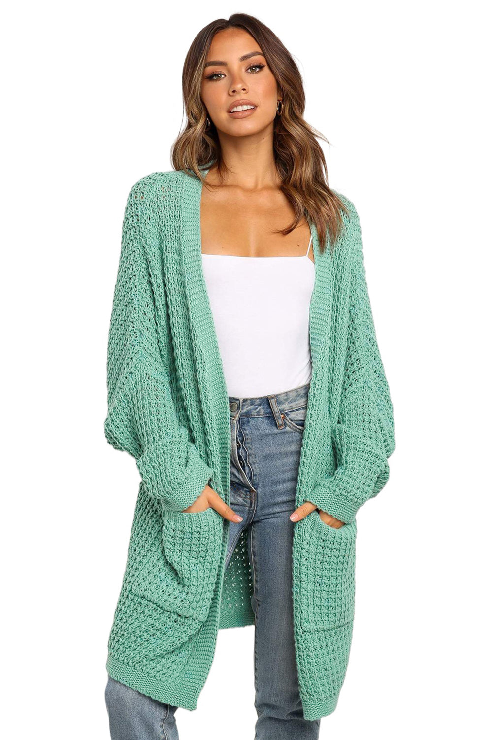 Cardigan tricoté vert long ouvert sur le devant avec poches