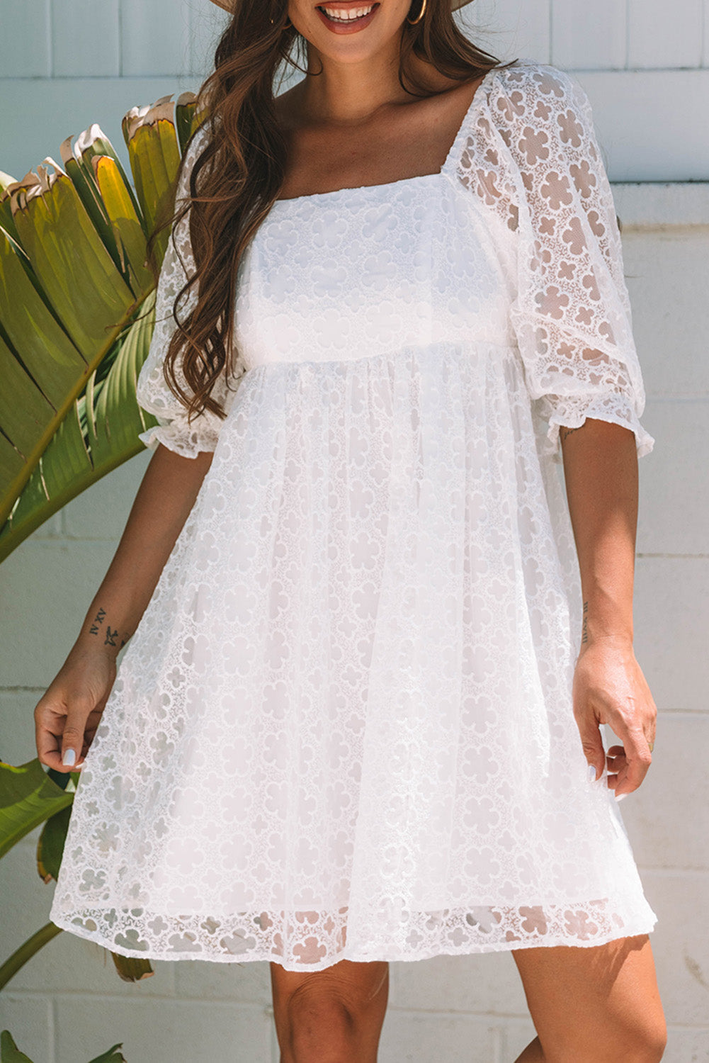 Floral Lace Puff Sleeve Mini Dress in White