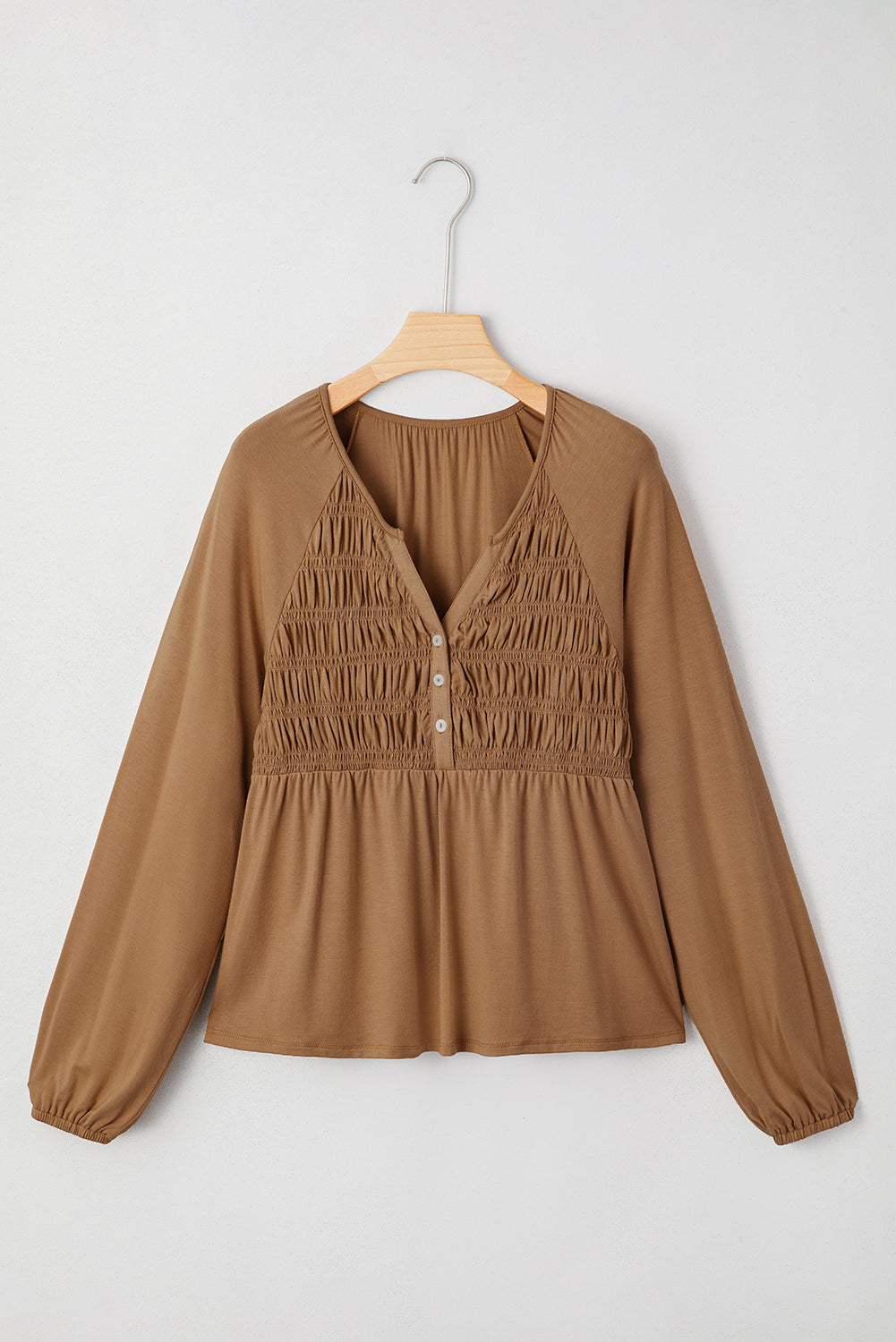 Button-Front Smocked Bust Split V-Neck Flow Fit Blouse