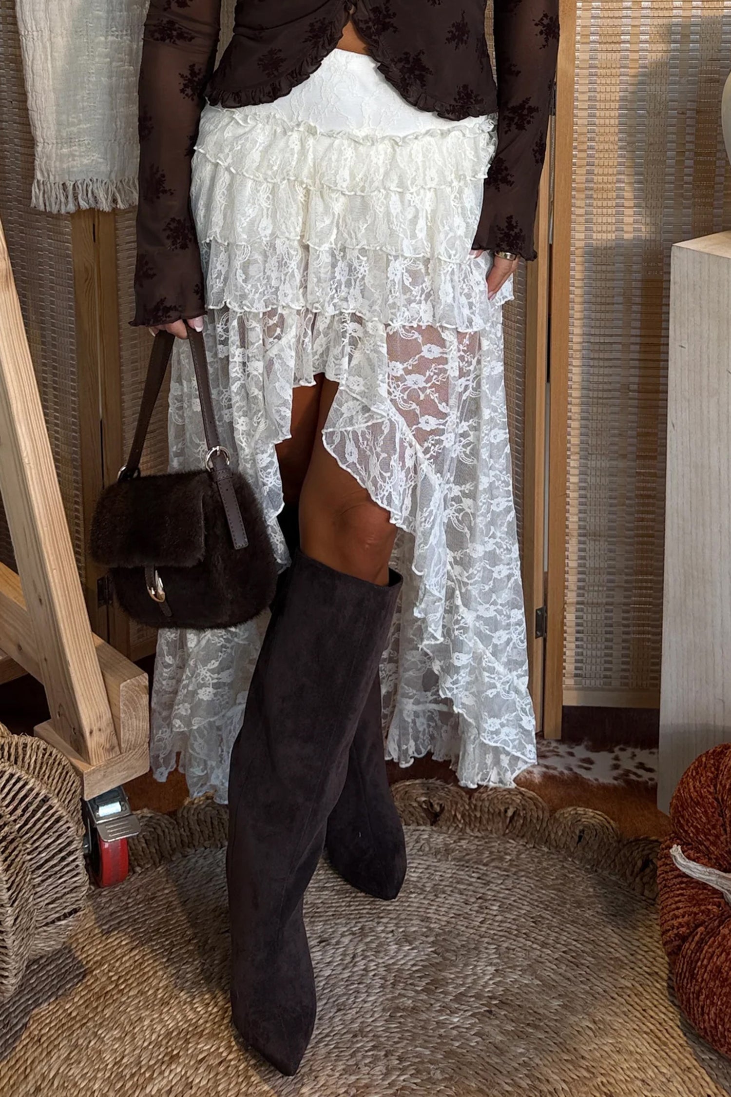 Polished Lace White Sheer Frilly Ruffles High Low Long Skirt