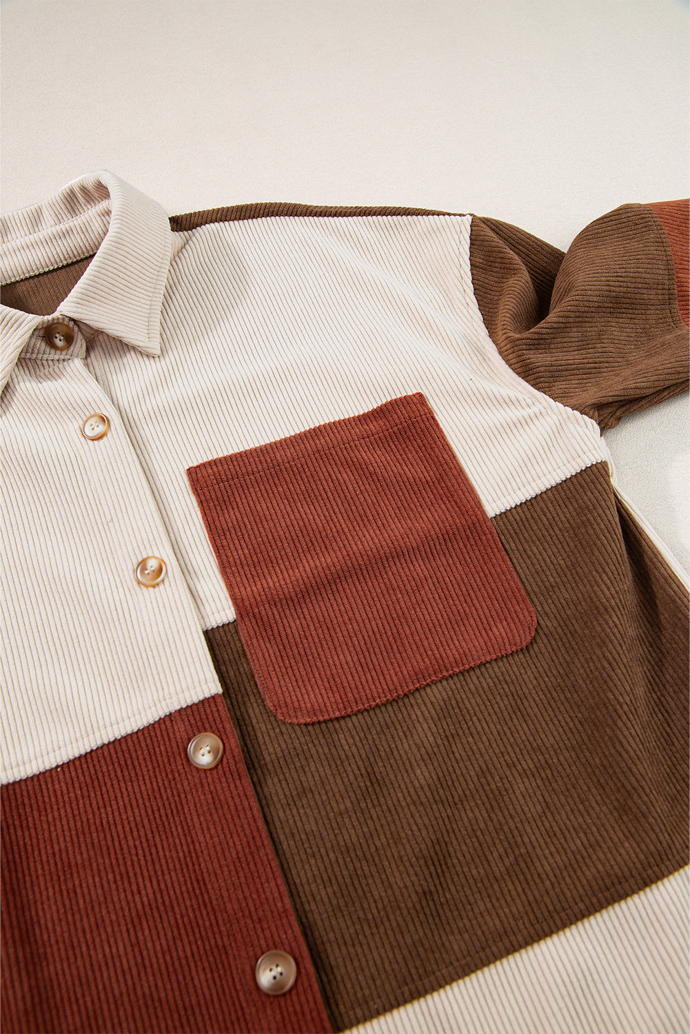 Colorblock Curved Hem Corduroy Shacket with Pocket