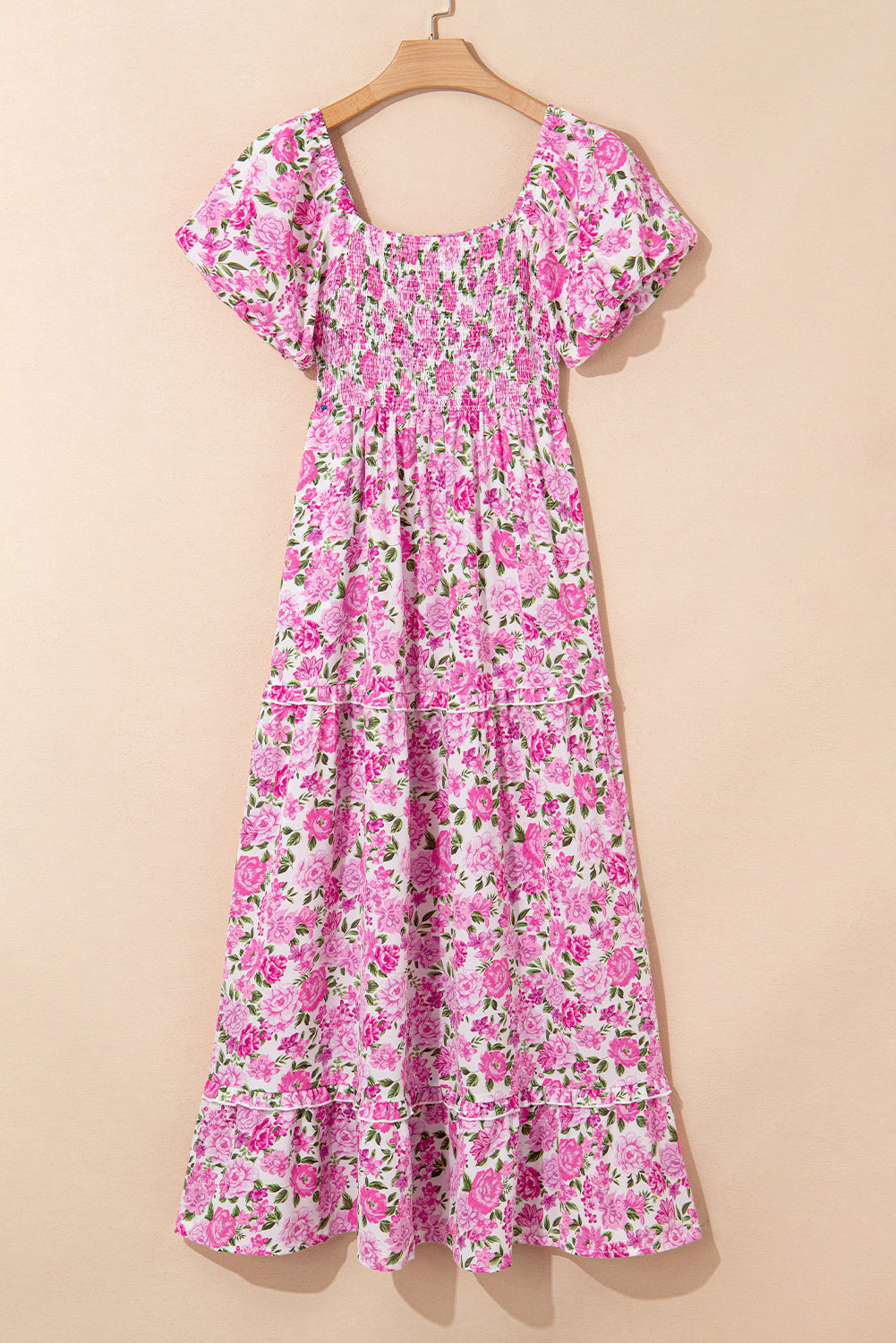 Smocked Dainty Floral Puff Sleeve Flowy Long Dress