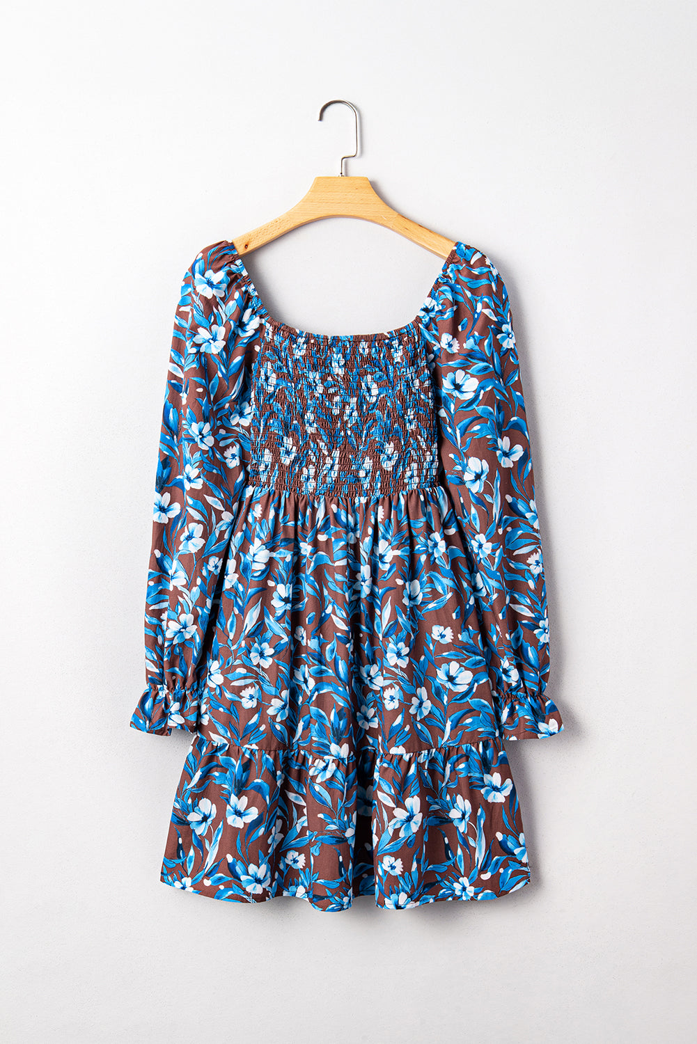 Smocked Bodice High-Waisted Ruffled Sleeve Floral Dress