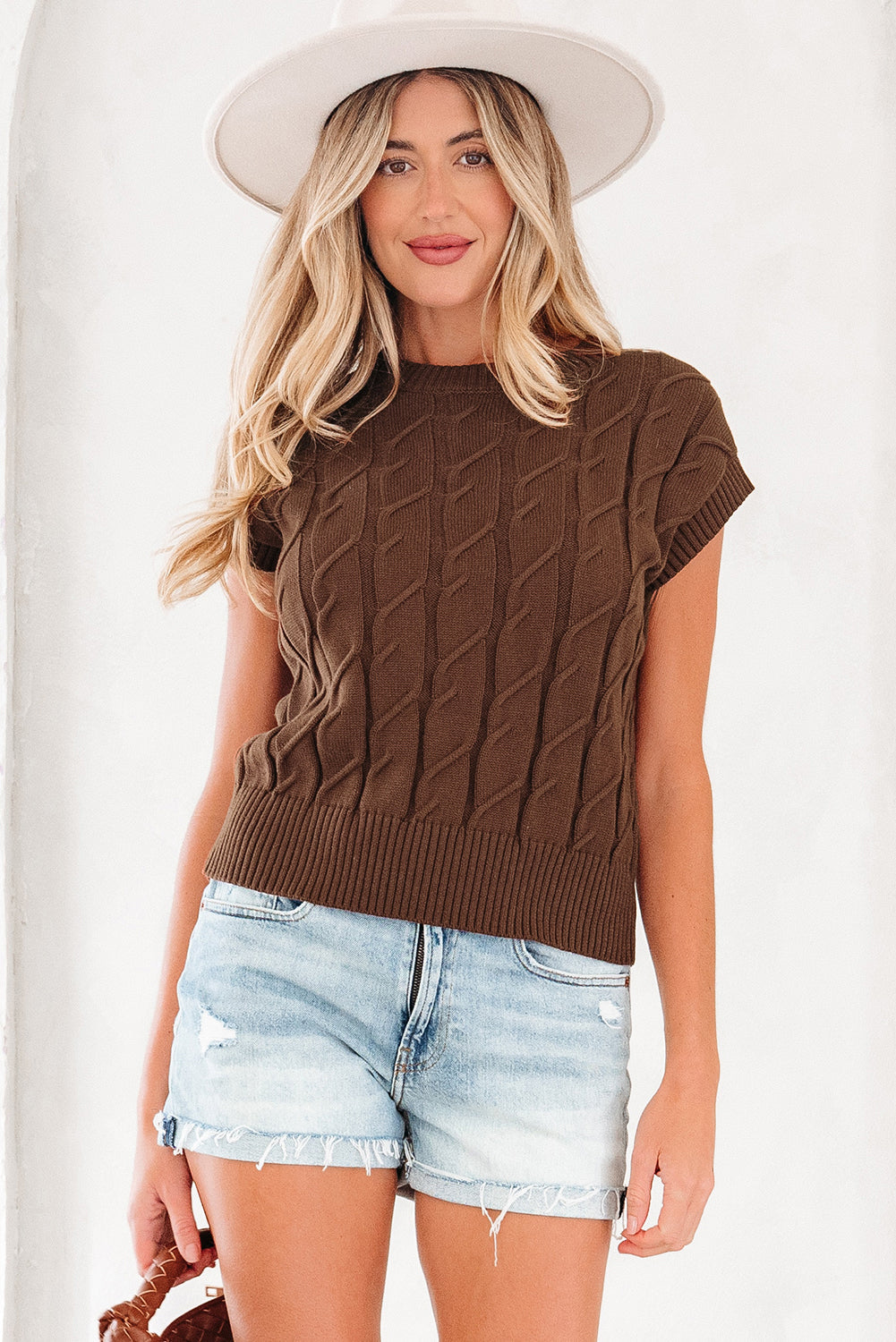 Crew-Neck Cable Texture Short-Sleeved Knit Top Top