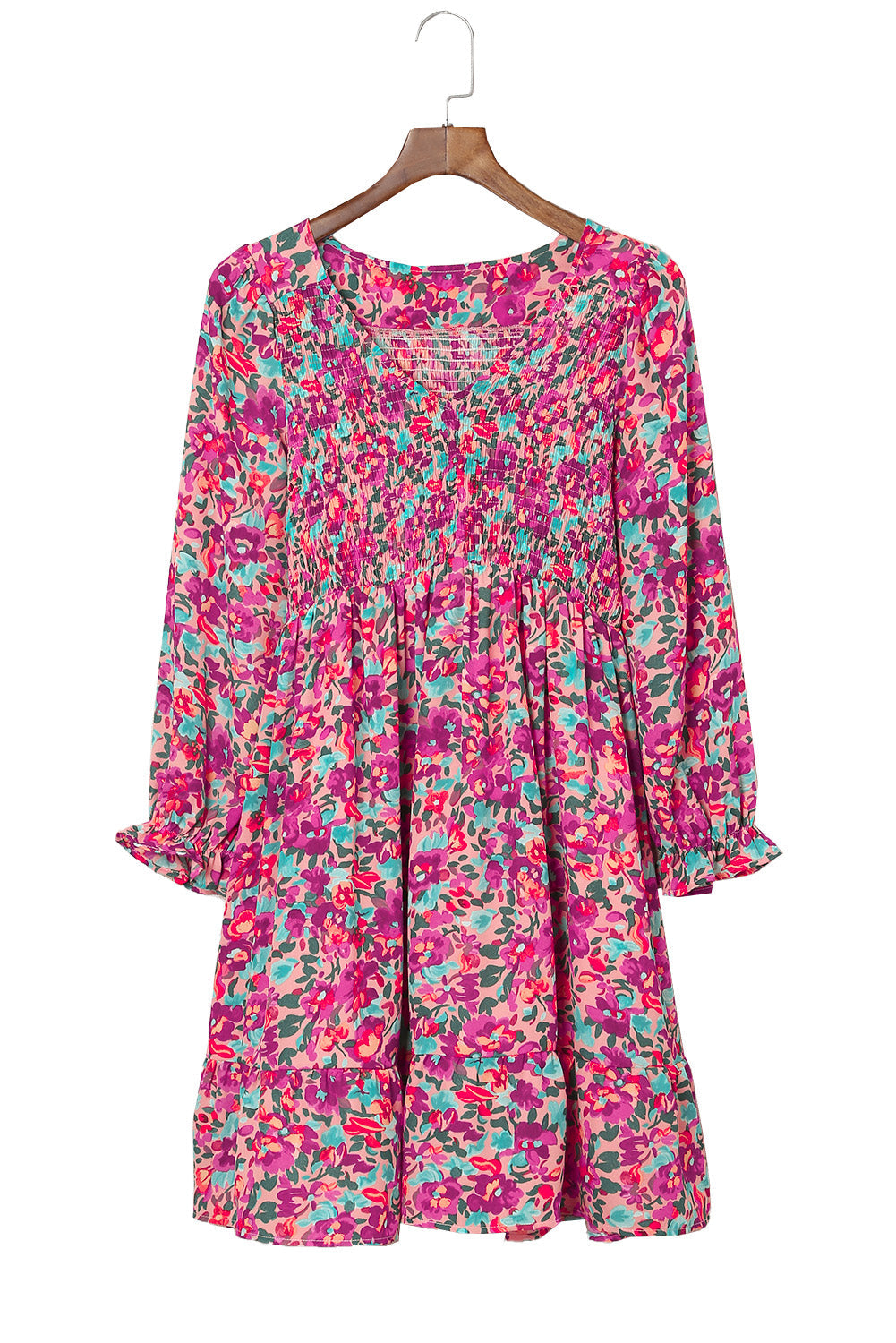 Robe florale violette smockée à col en V et manches bouffantes