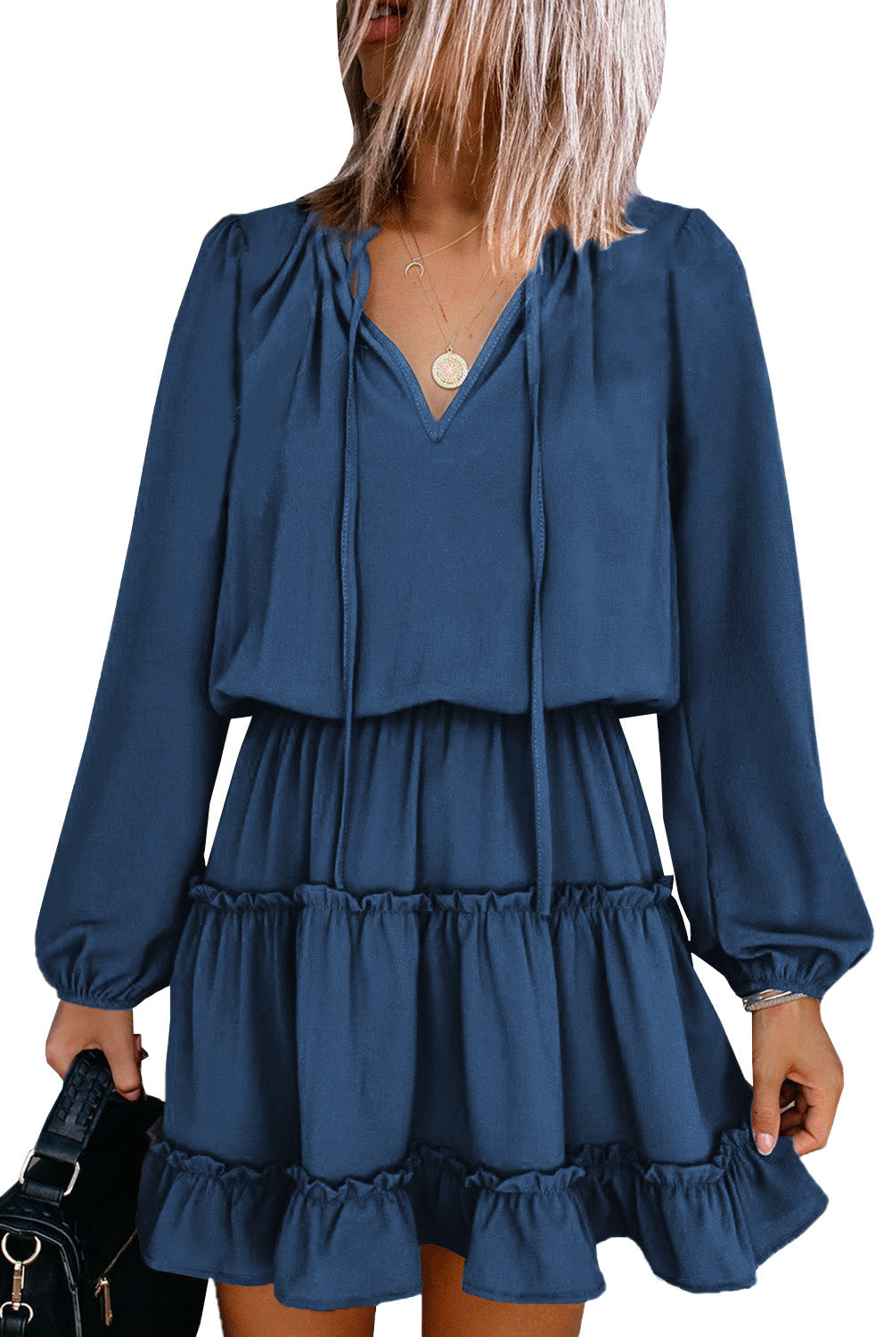 Dark V-Neck Long-Sleeved Ruffle Tiered Mini Dress