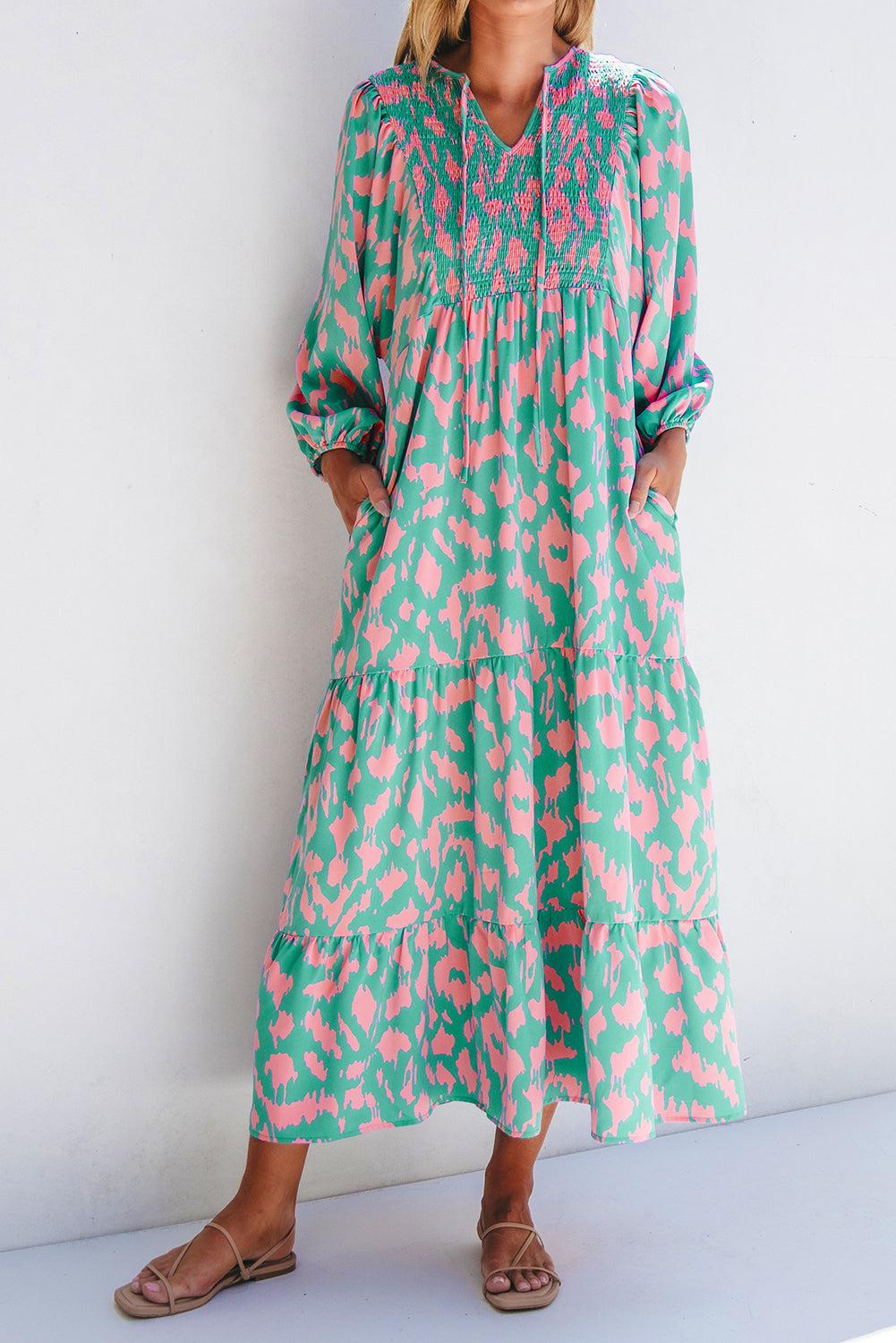 Women's Dress Featuring Tie-Front Notched Neck Long