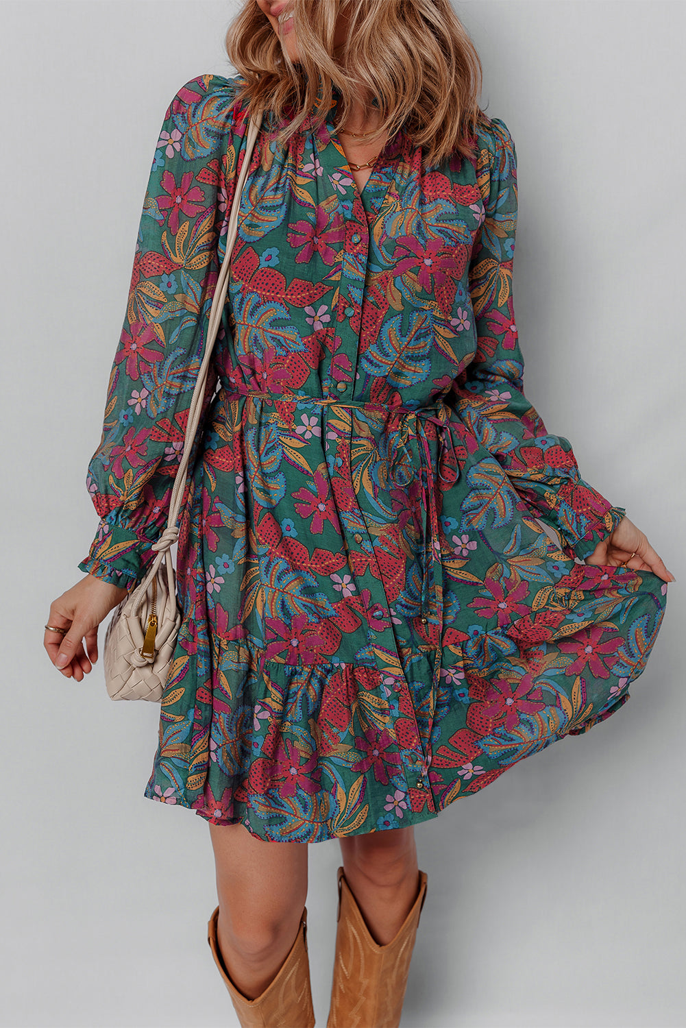 V-Neck Floral Friled Puff Sleeve Ruffled Shirt Dress