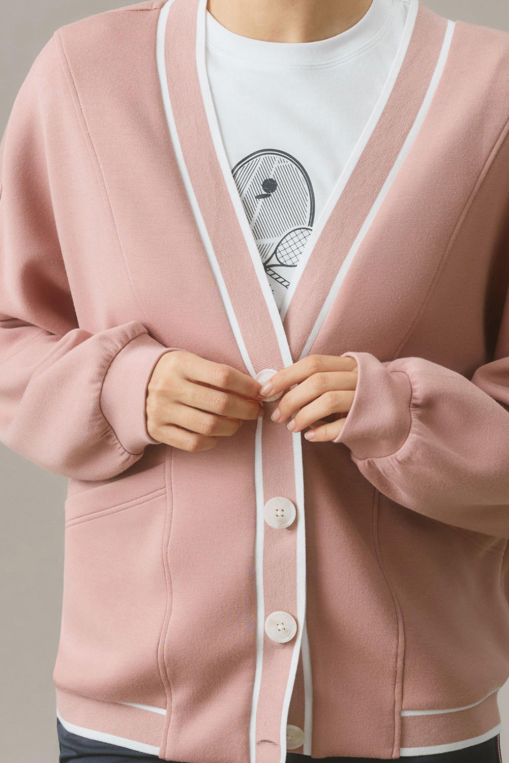 Stripe Contrast Trim Button-Front Pocket-Detail Knit Cardigan in Pink