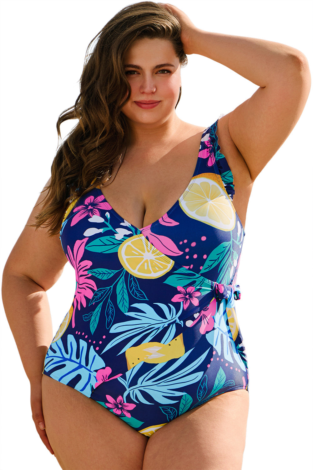 Plus Size Printed Wrap Knot Ruffled One Piece Swimwear
