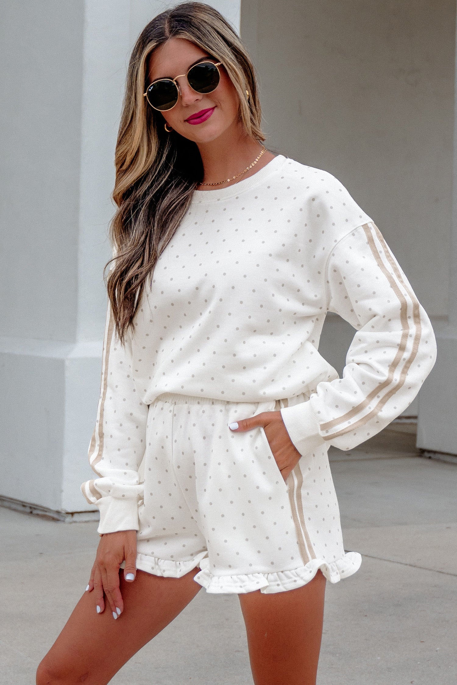 Polka-Dot Print Side Stripe Everyday Sweatshirt 2pcs Short Set in White